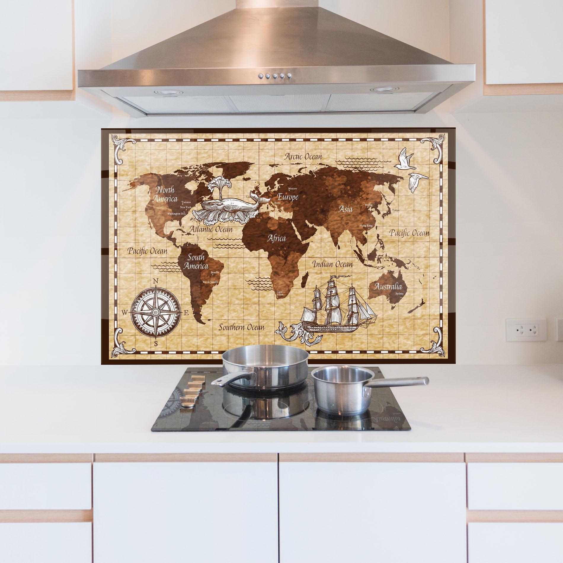Küchenrückwand Glas Brown Old Map mockup 5