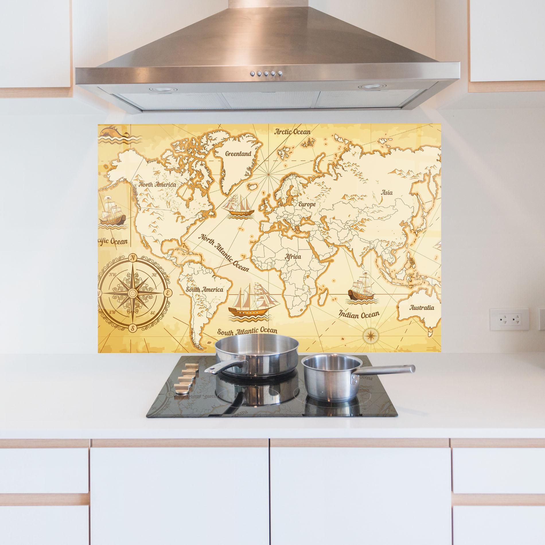 Küchenrückwand Glas Gold Old Map mockup 5