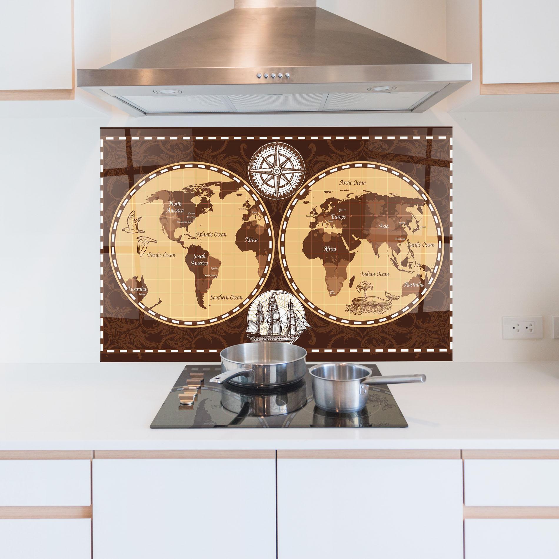 Küchenrückwand Glas Old Brown Map mockup 5