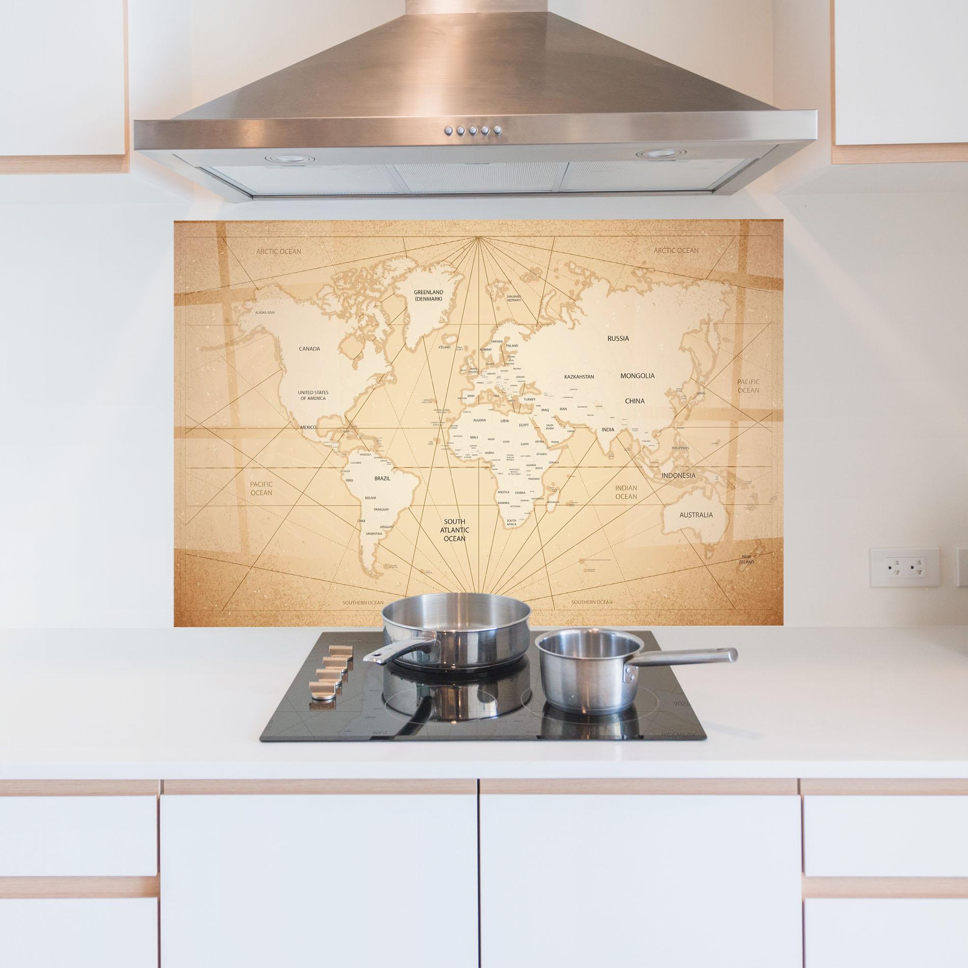 Küchenrückwand Glas World Vintage Map mockup 5