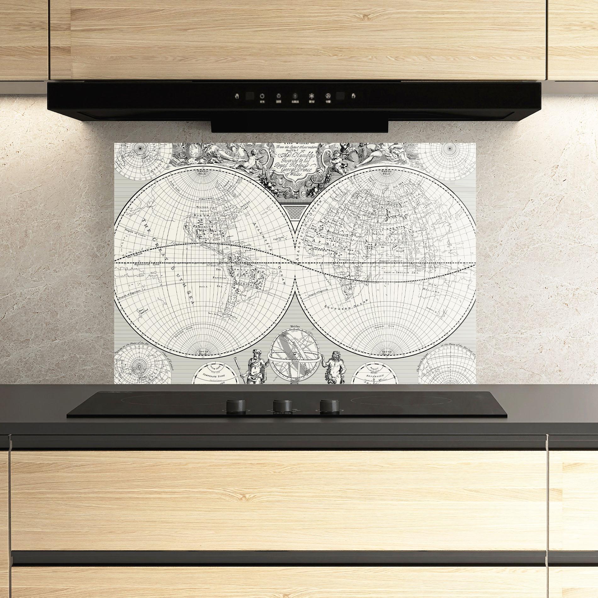 Küchenrückwand Glas Black White Map mockup 3