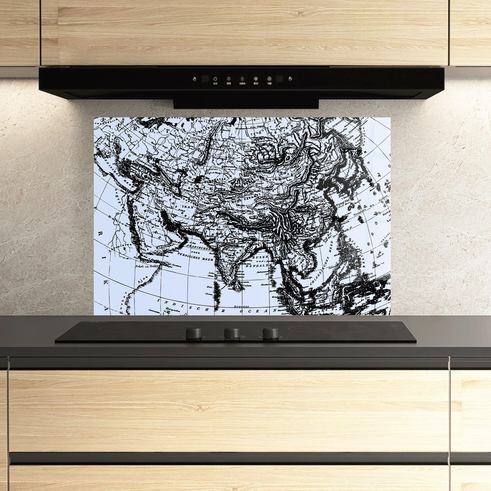 Küchenrückwand Glas Blue Old Map mockup 3