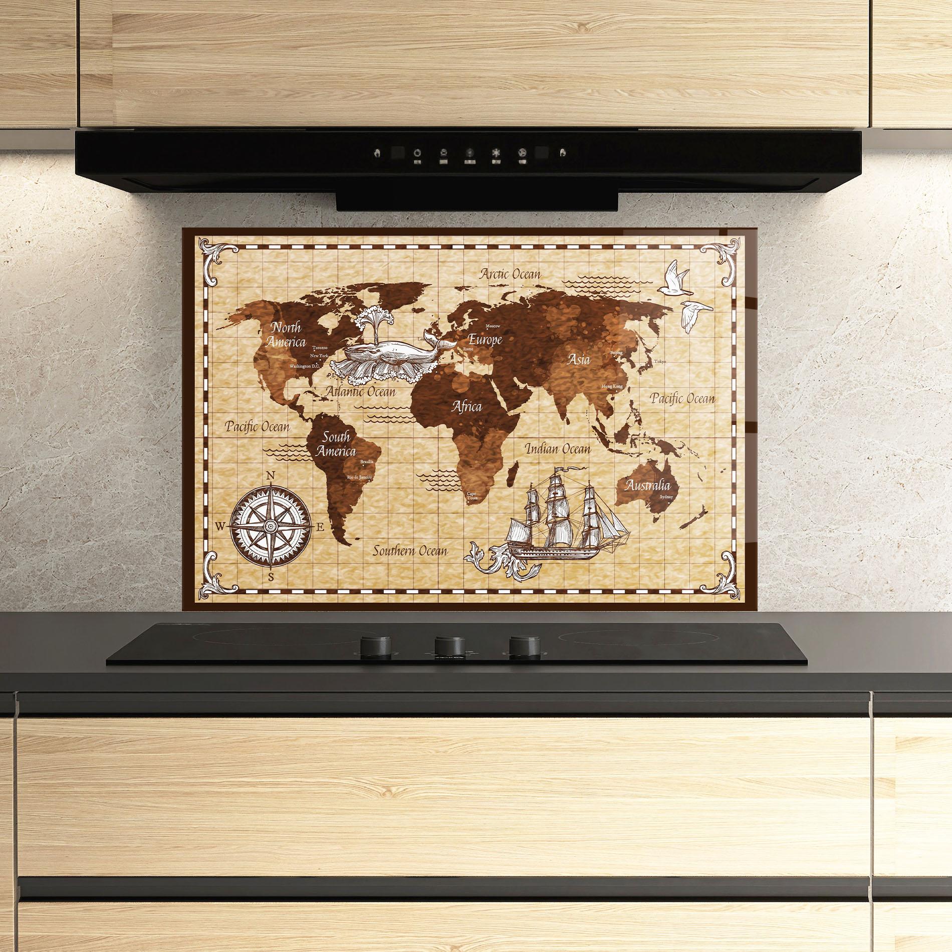Küchenrückwand Glas Brown Old Map mockup 3