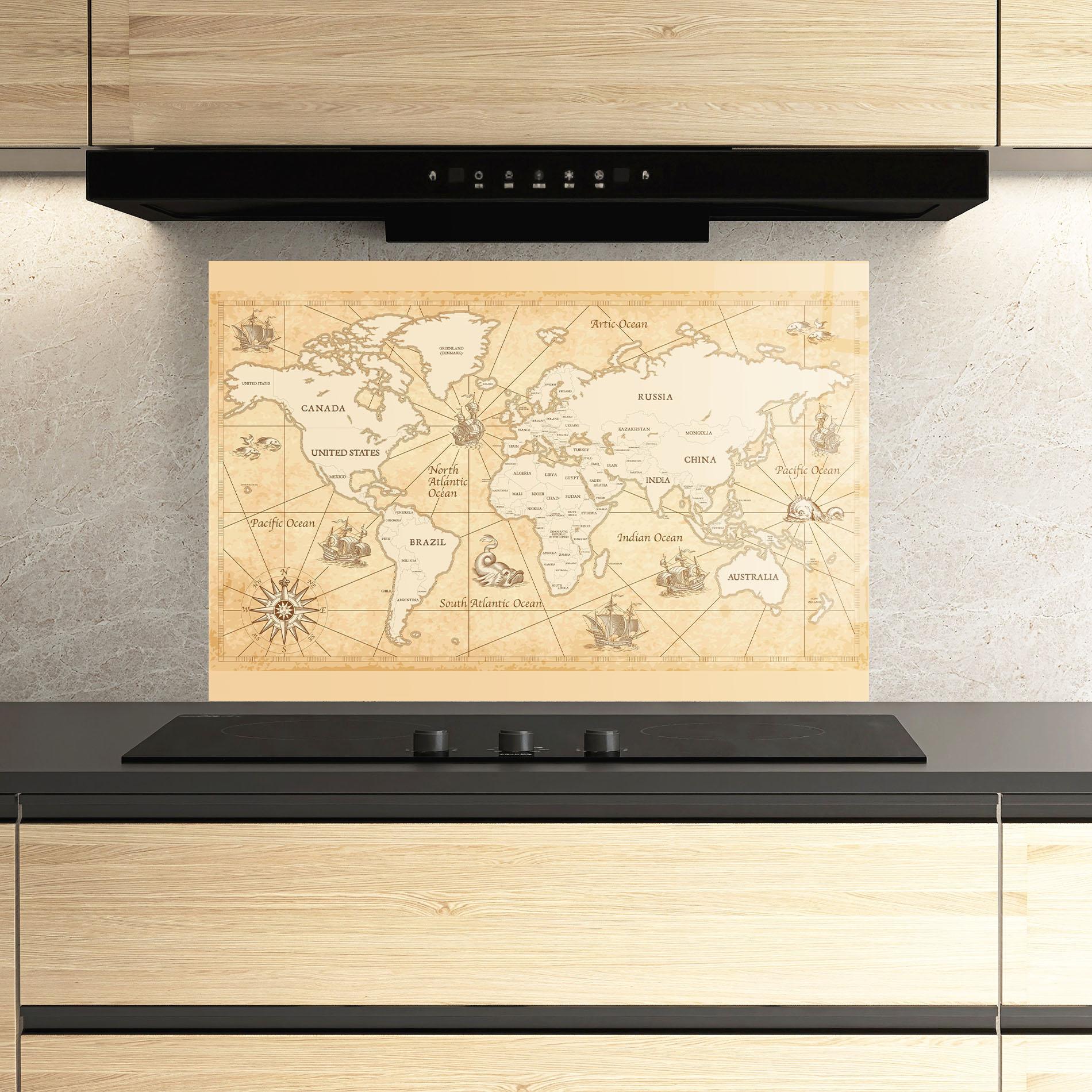 Küchenrückwand Glas Cream Old Map mockup 3