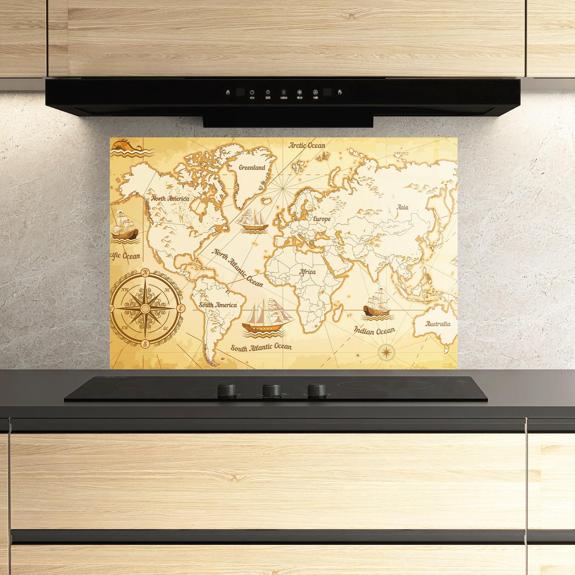 Küchenrückwand Glas Gold Old Map mockup 3