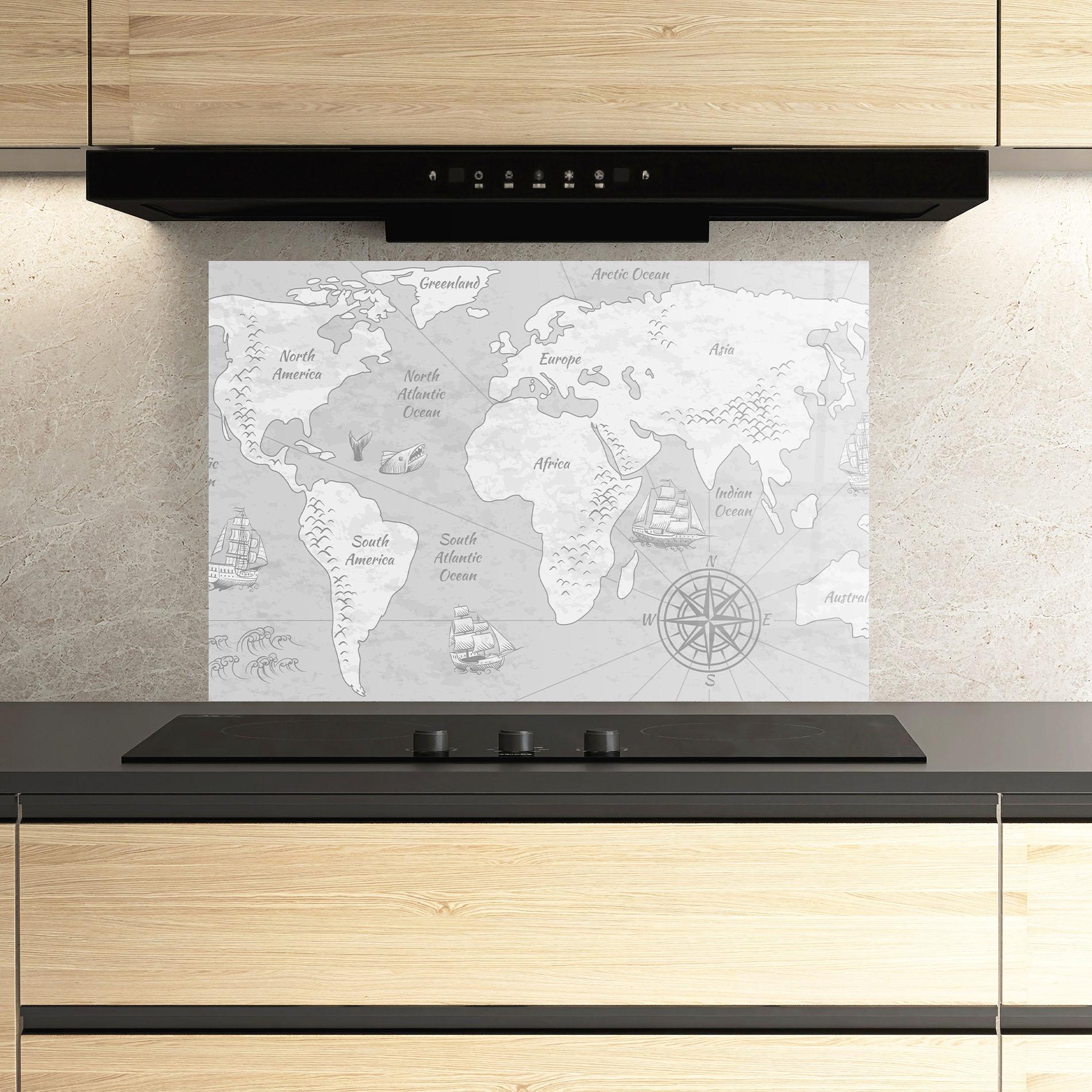 Küchenrückwand Glas Grey Old Map mockup 3
