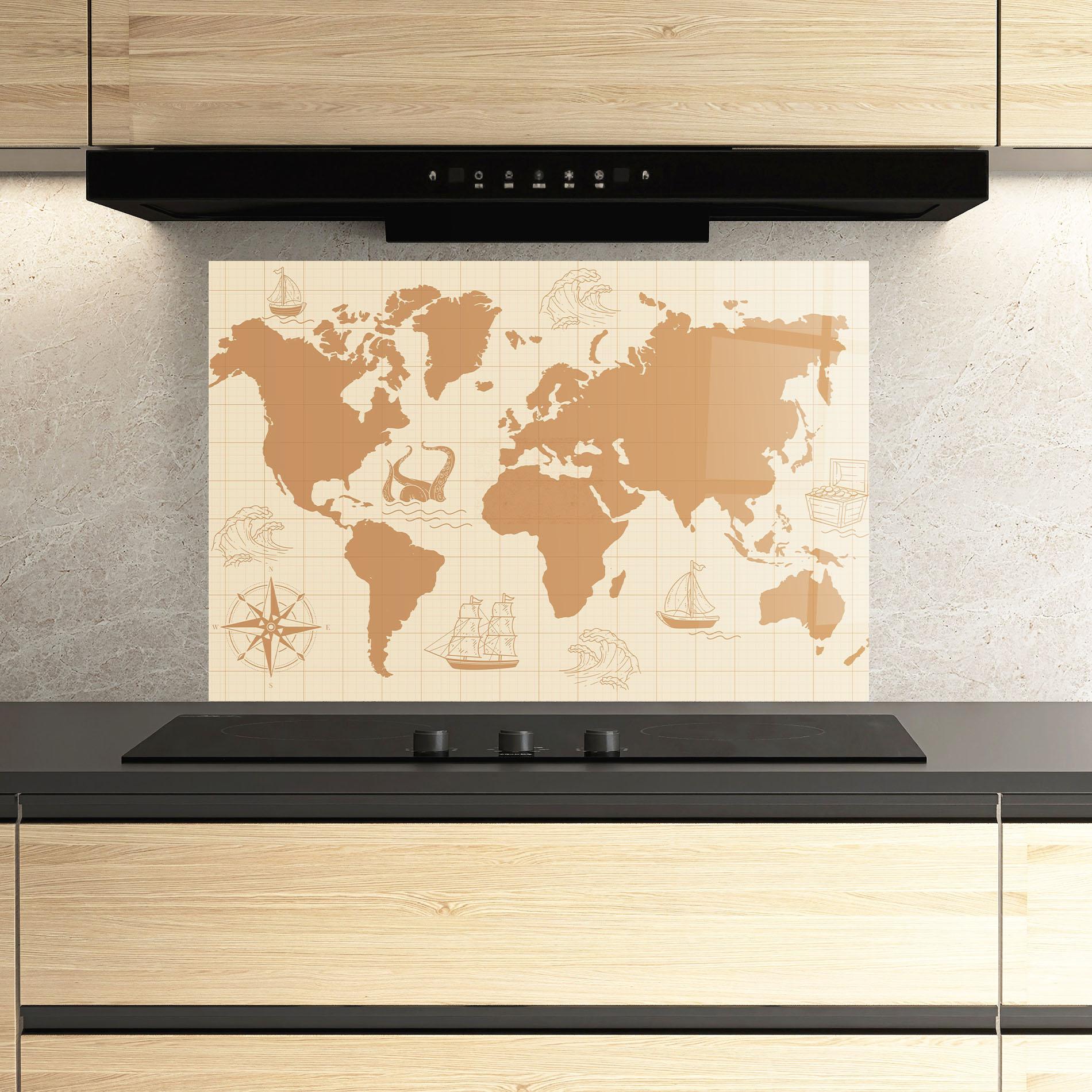Küchenrückwand Glas Light Cream Map mockup 3