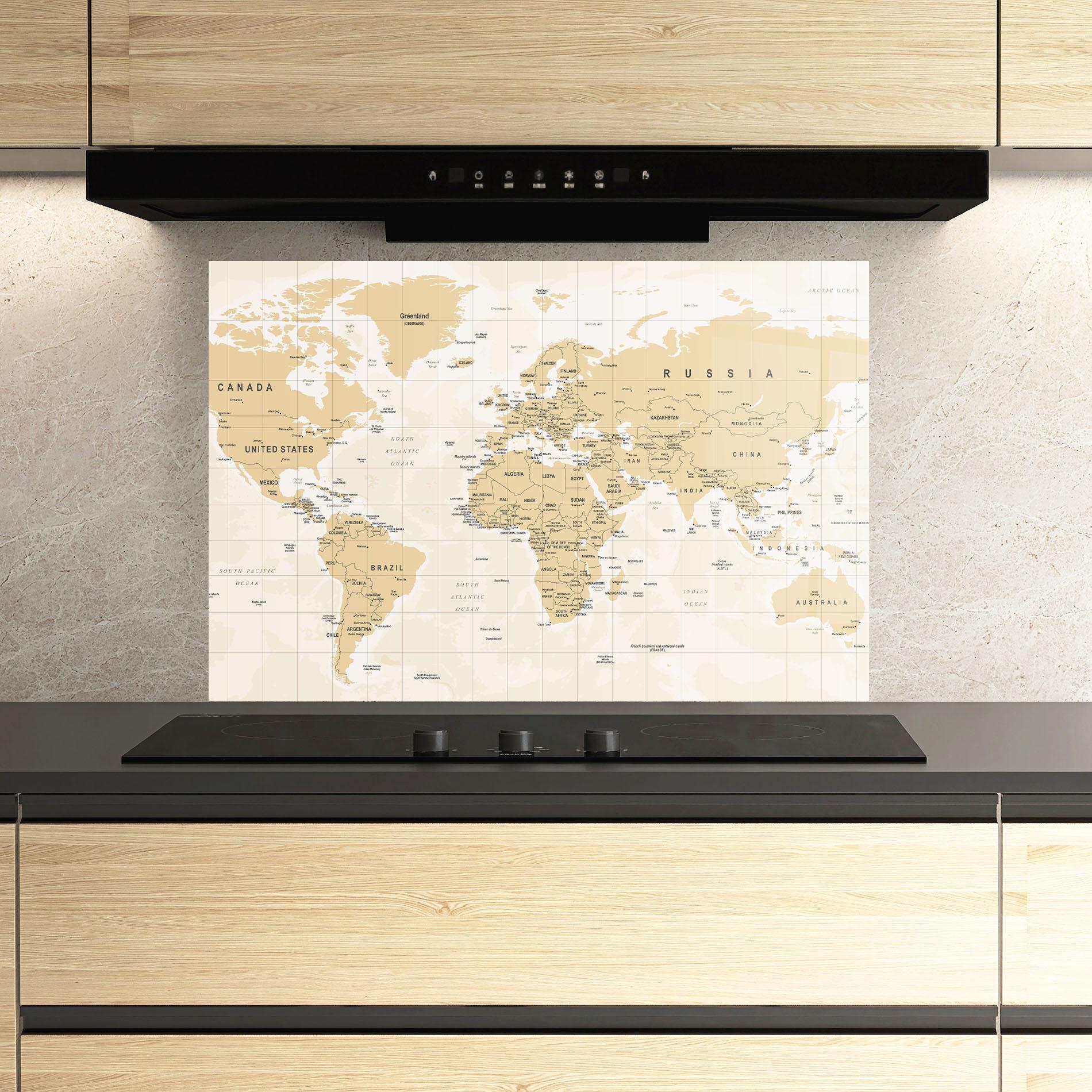 Küchenrückwand Glas World Old Map mockup 3