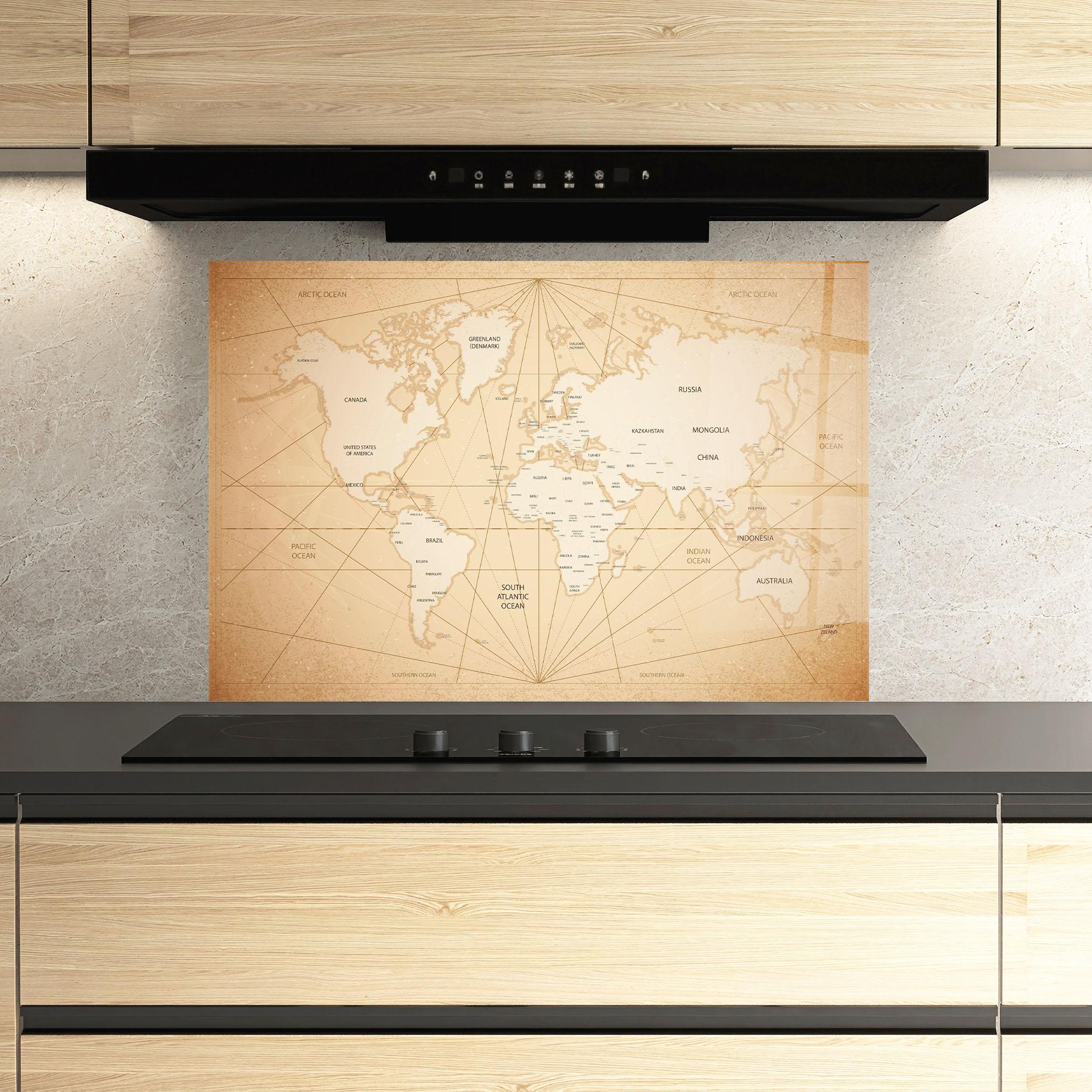 Küchenrückwand Glas World Vintage Map mockup 3