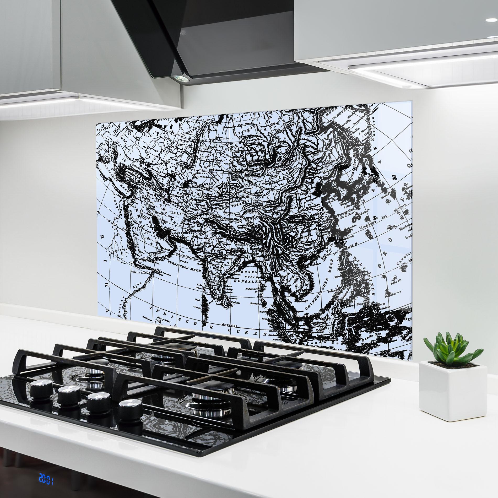 Küchenrückwand Glas Blue Old Map mockup 6