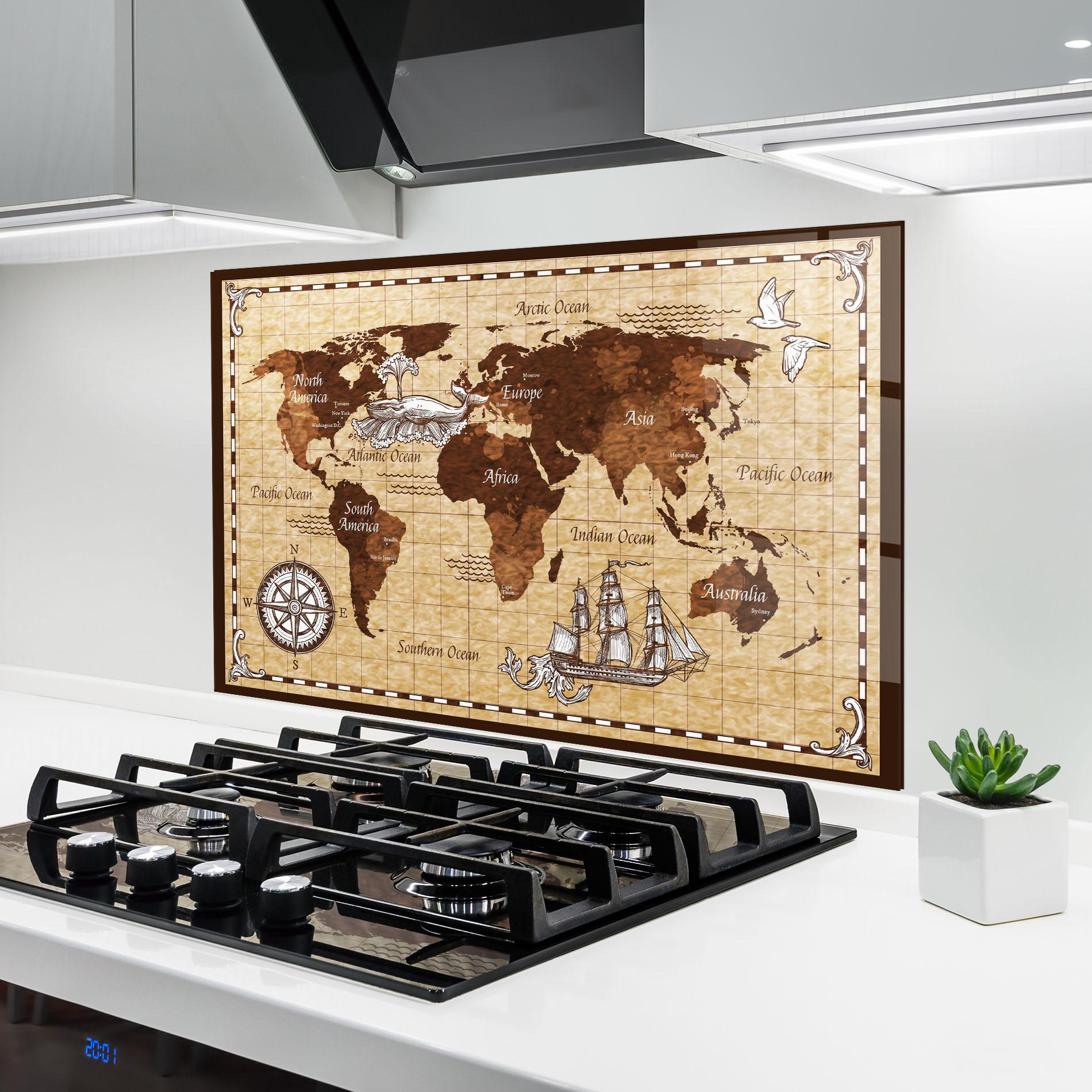 Küchenrückwand Glas Brown Old Map mockup 6