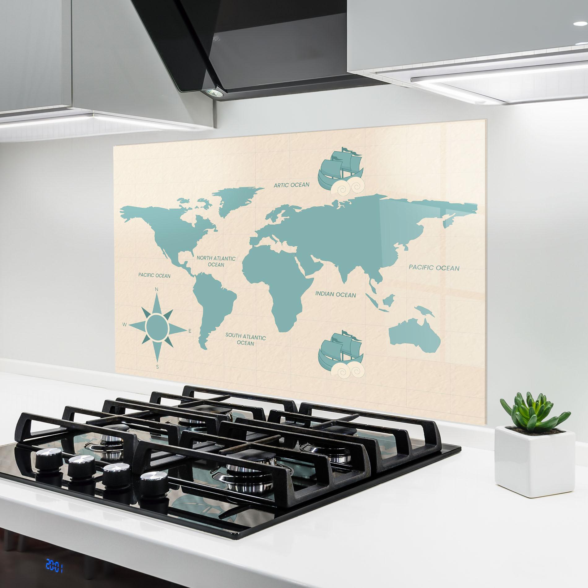 Küchenrückwand Glas Cream Blue Map mockup 6