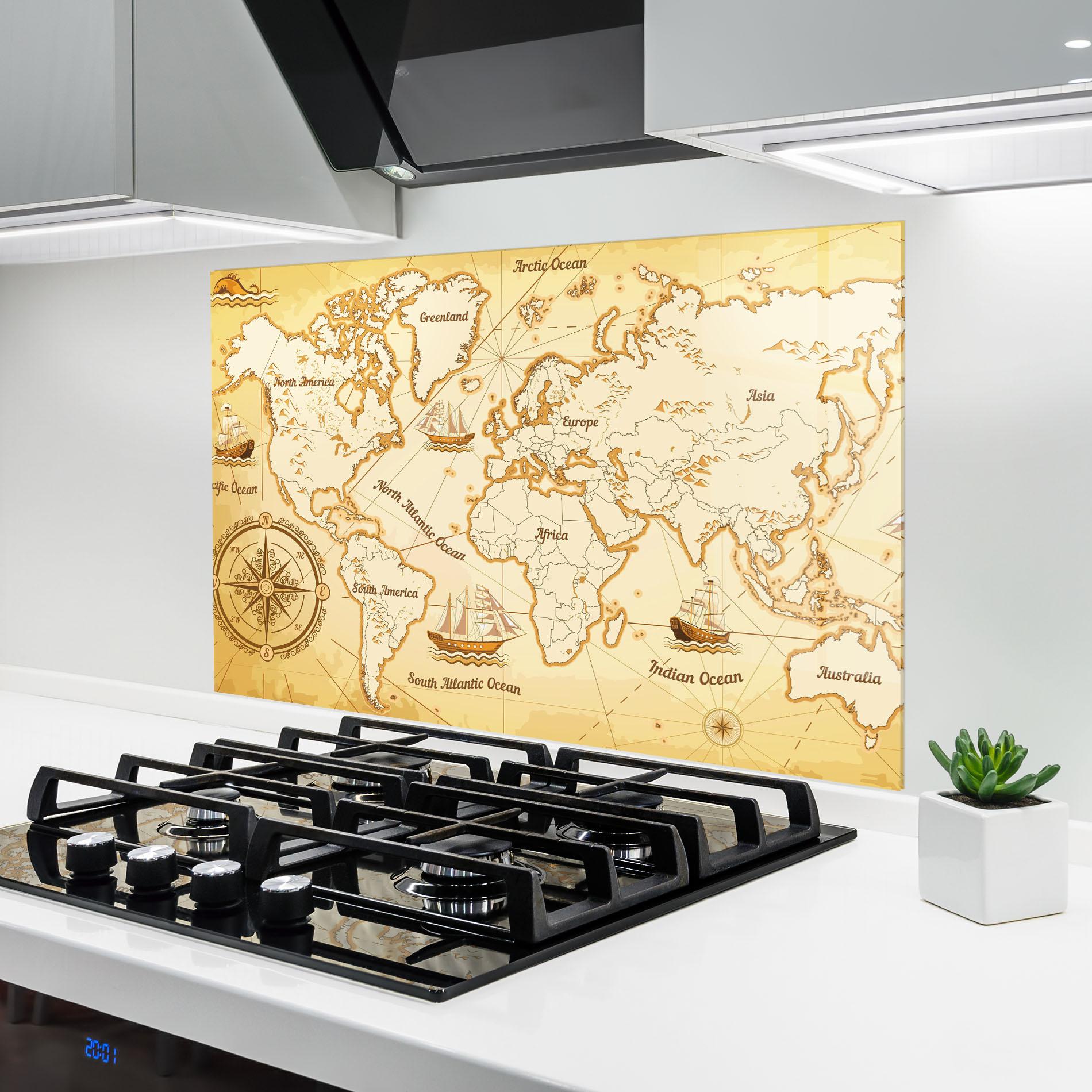 Küchenrückwand Glas Gold Old Map mockup 6