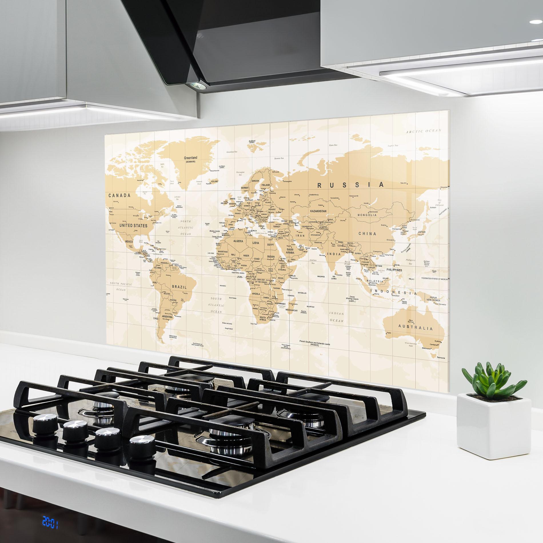 Küchenrückwand Glas World Old Map mockup 6