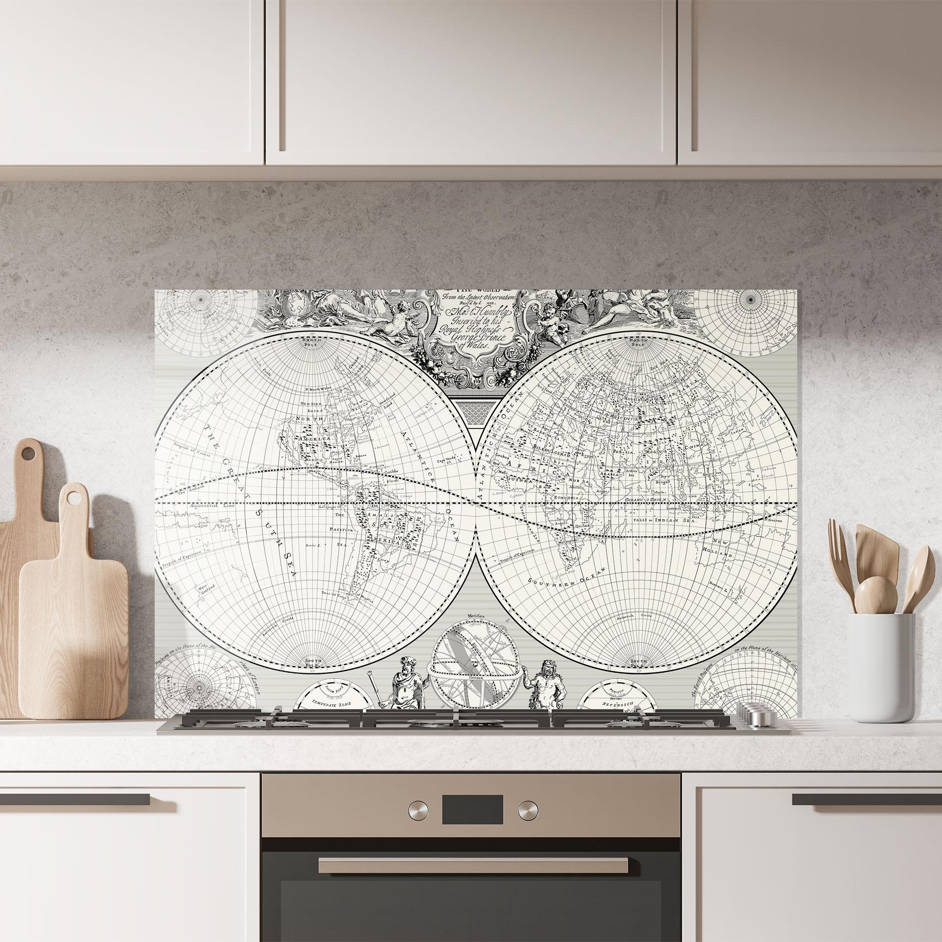 Küchenrückwand Glas Black White Map mockup 7