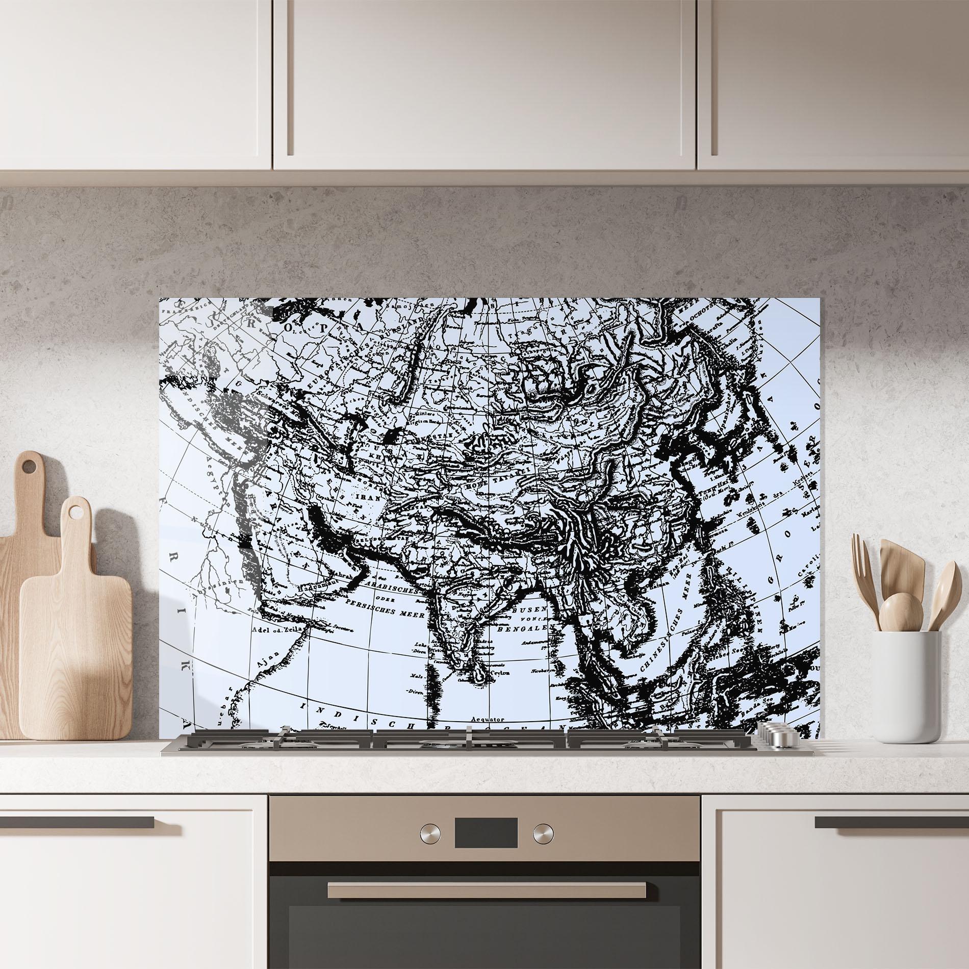 Küchenrückwand Glas Blue Old Map mockup 7