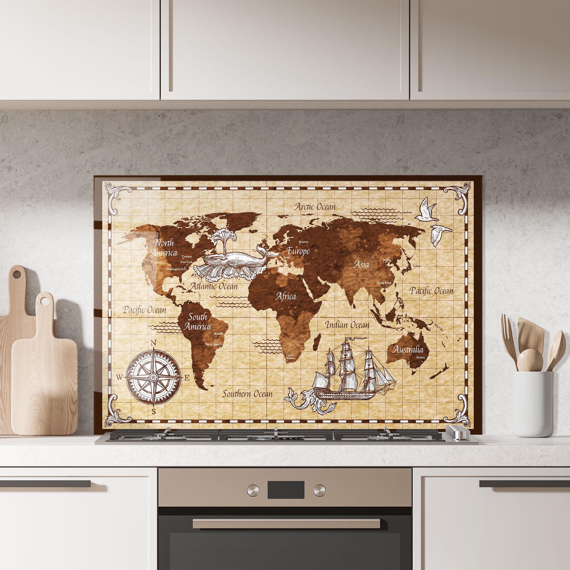 Küchenrückwand Glas Brown Old Map mockup 7