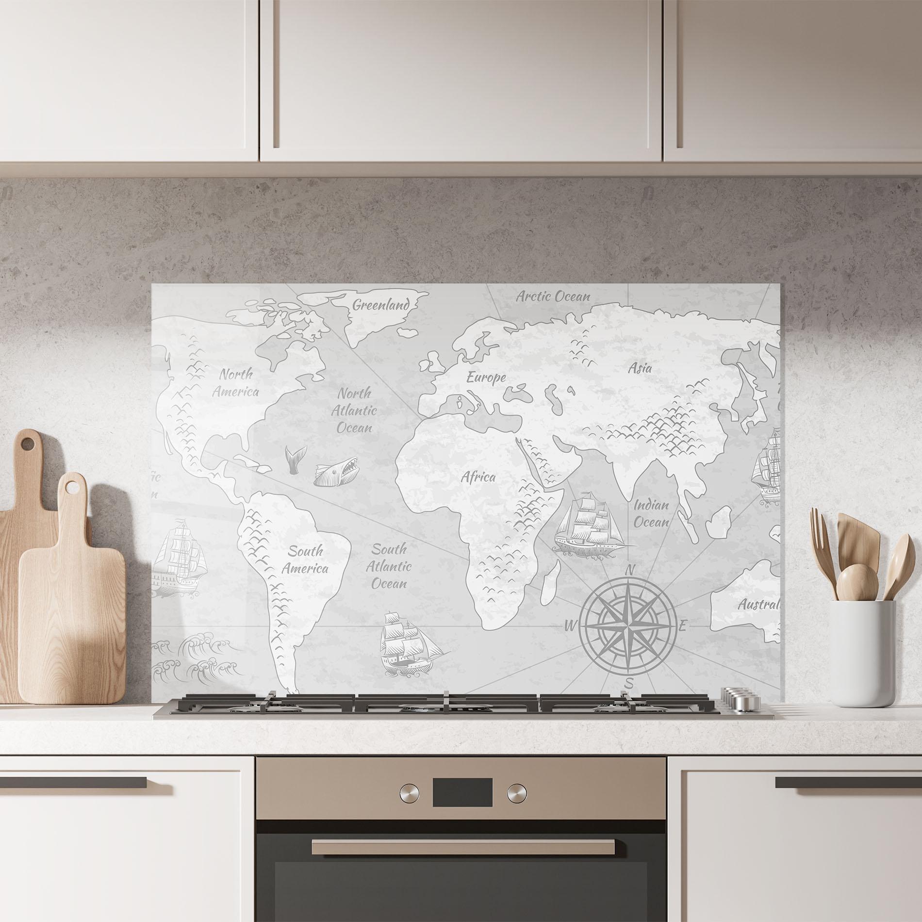 Küchenrückwand Glas Grey Old Map mockup 7