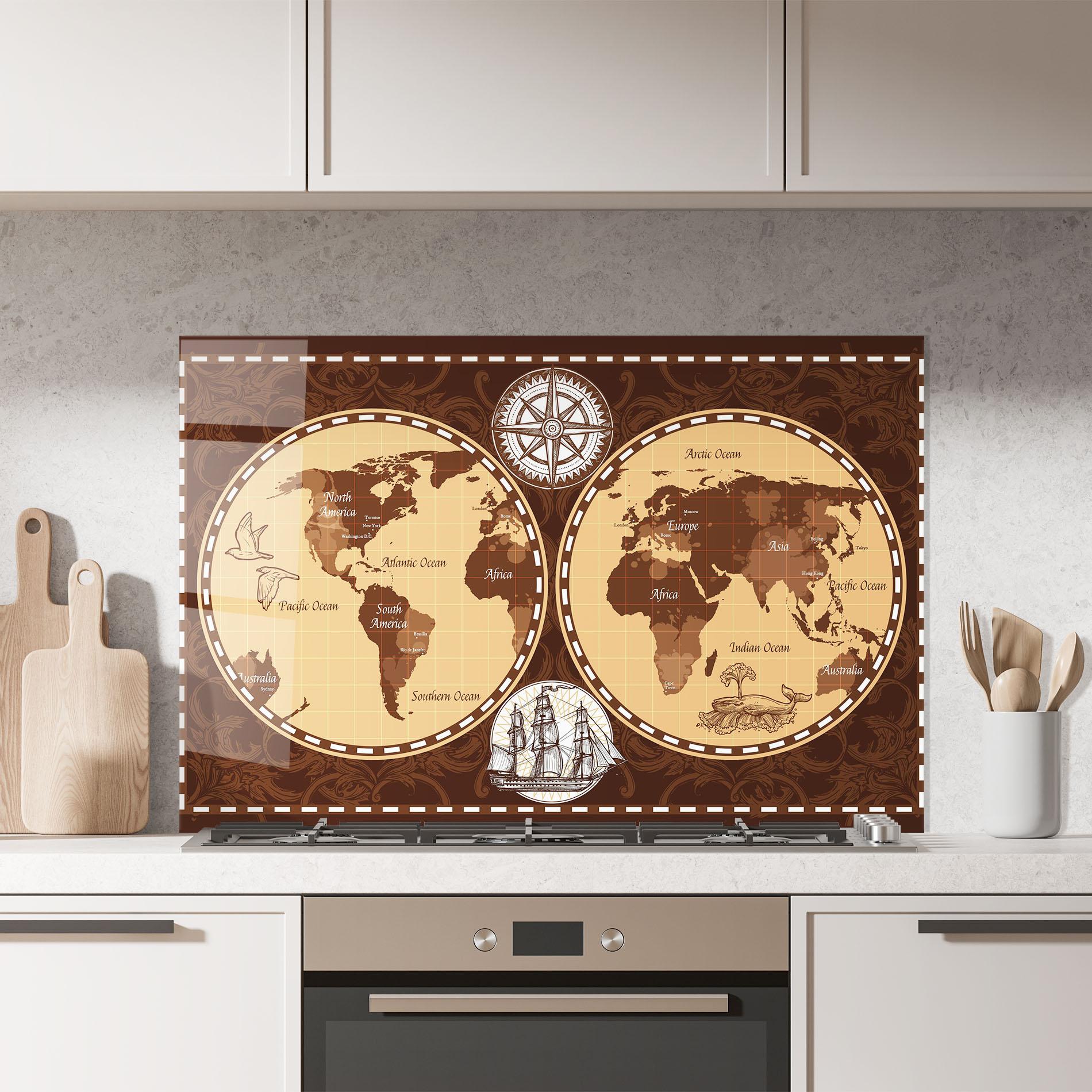 Küchenrückwand Glas Old Brown Map mockup 7