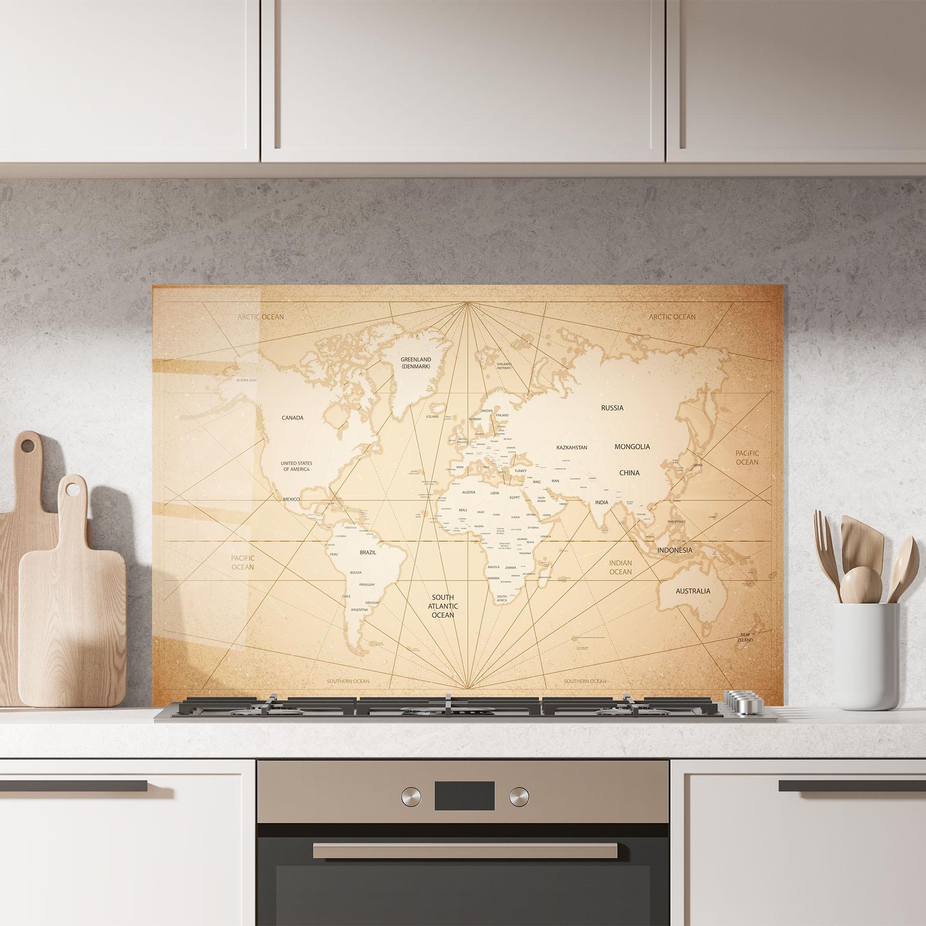 Küchenrückwand Glas World Vintage Map mockup 7