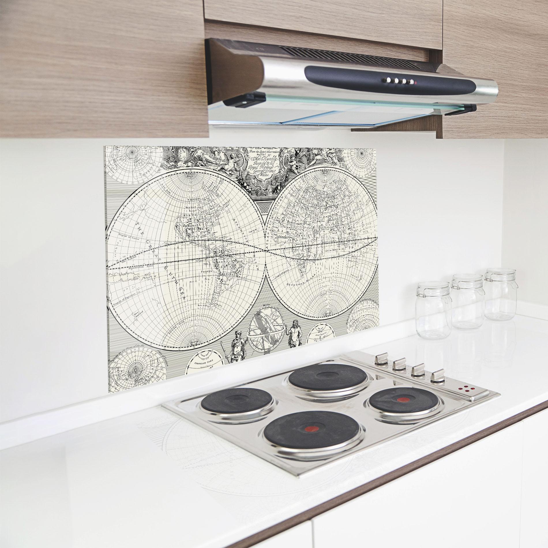 Küchenrückwand Glas Black White Map mockup 8