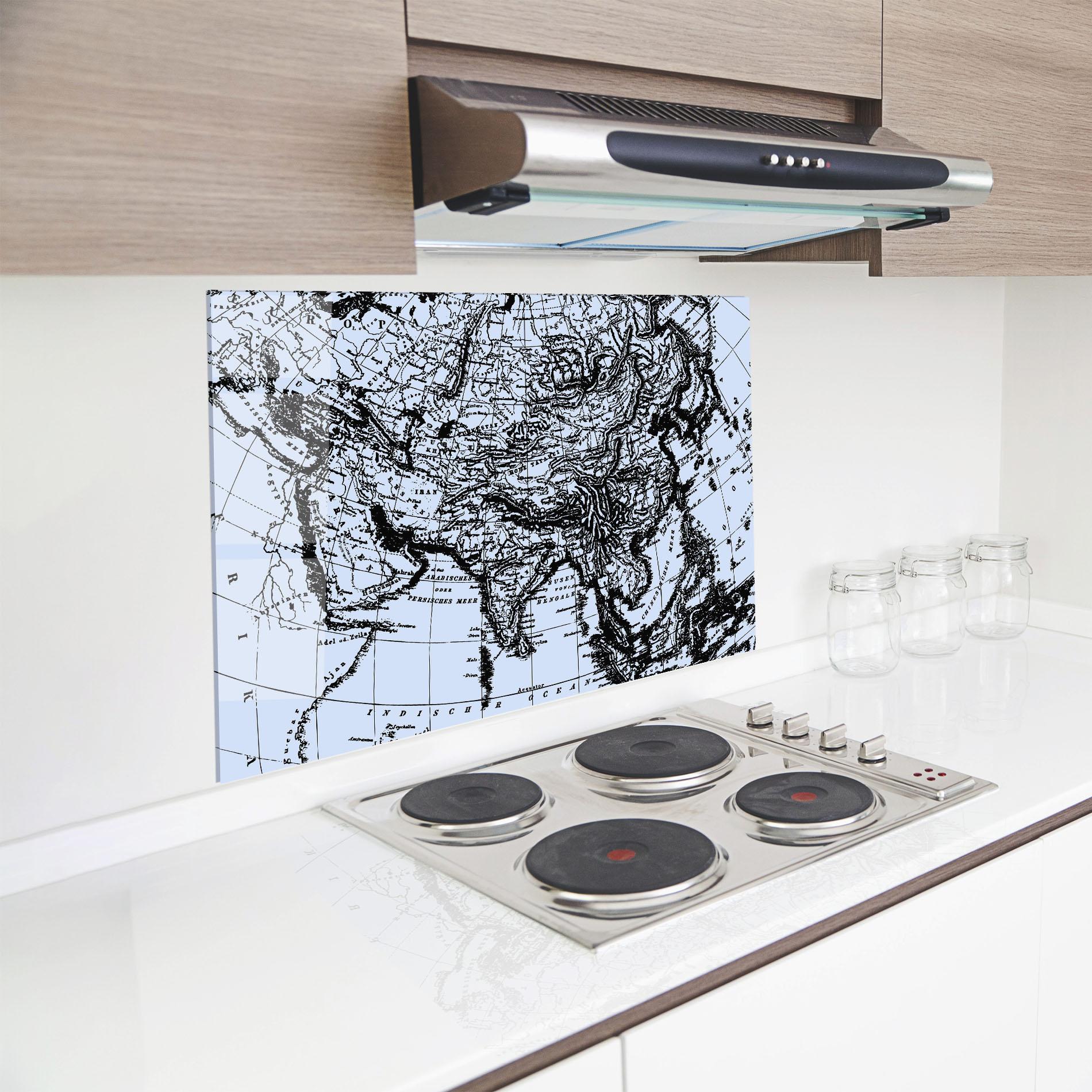 Küchenrückwand Glas Blue Old Map mockup 8