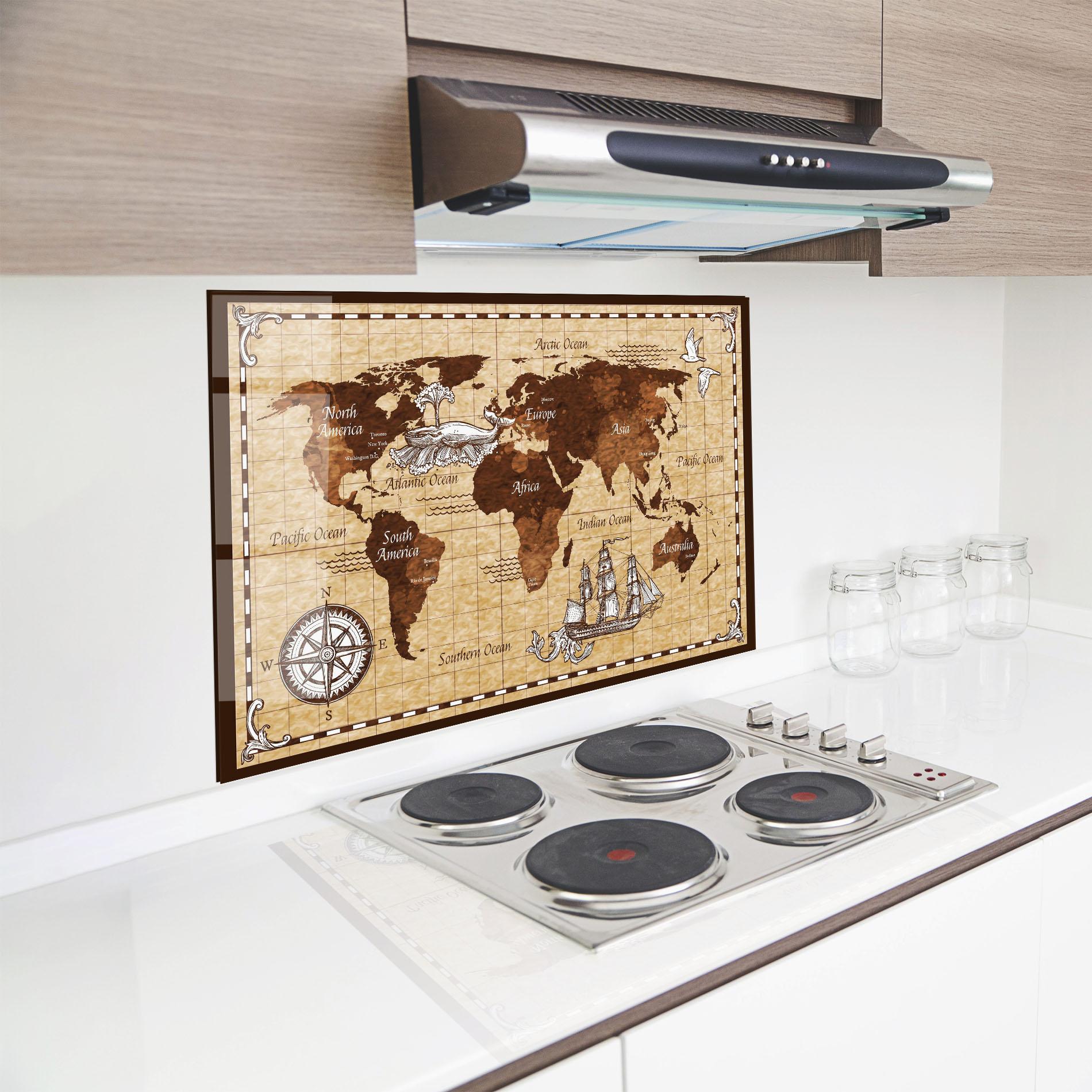 Küchenrückwand Glas Brown Old Map mockup 8