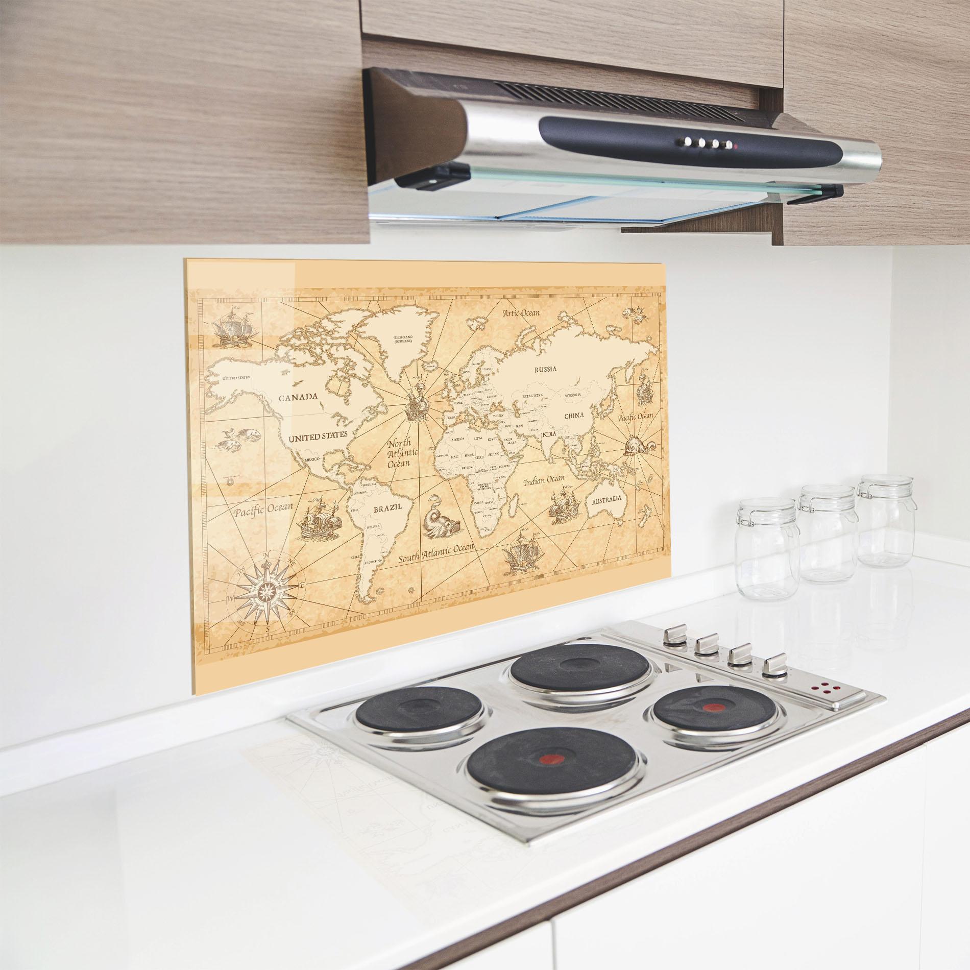 Küchenrückwand Glas Cream Old Map mockup 8