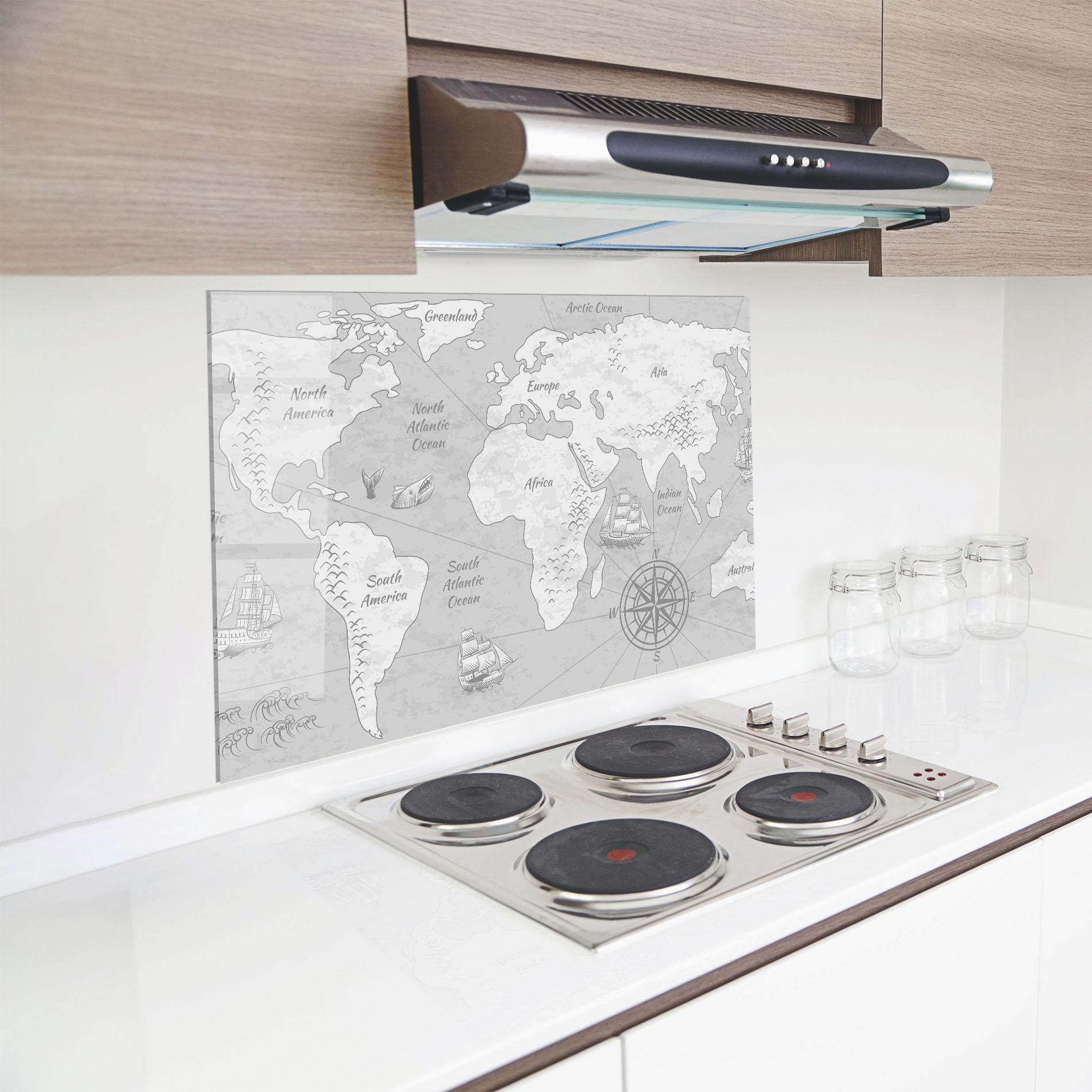 Küchenrückwand Glas Grey Old Map mockup 8