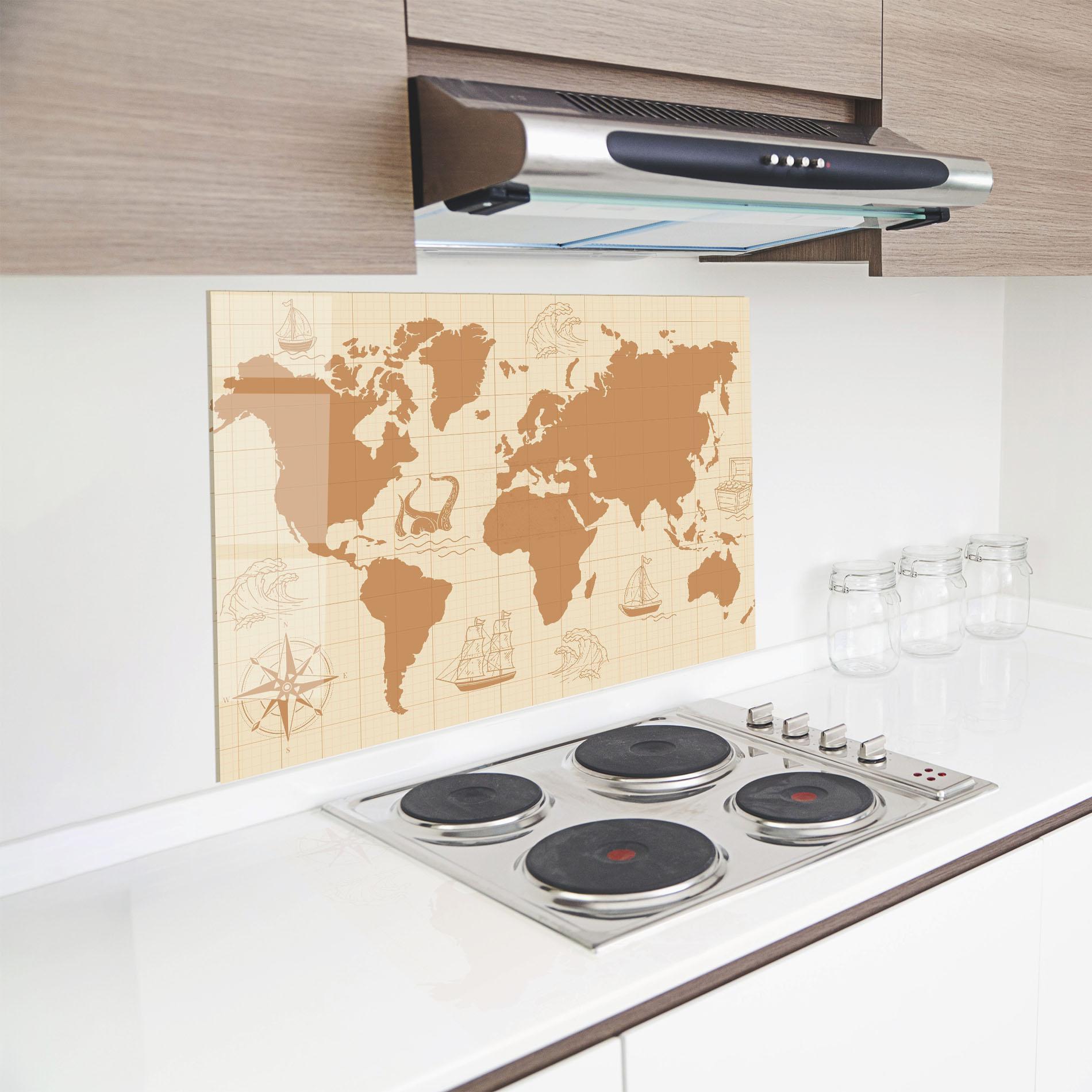 Küchenrückwand Glas Light Cream Map mockup 8