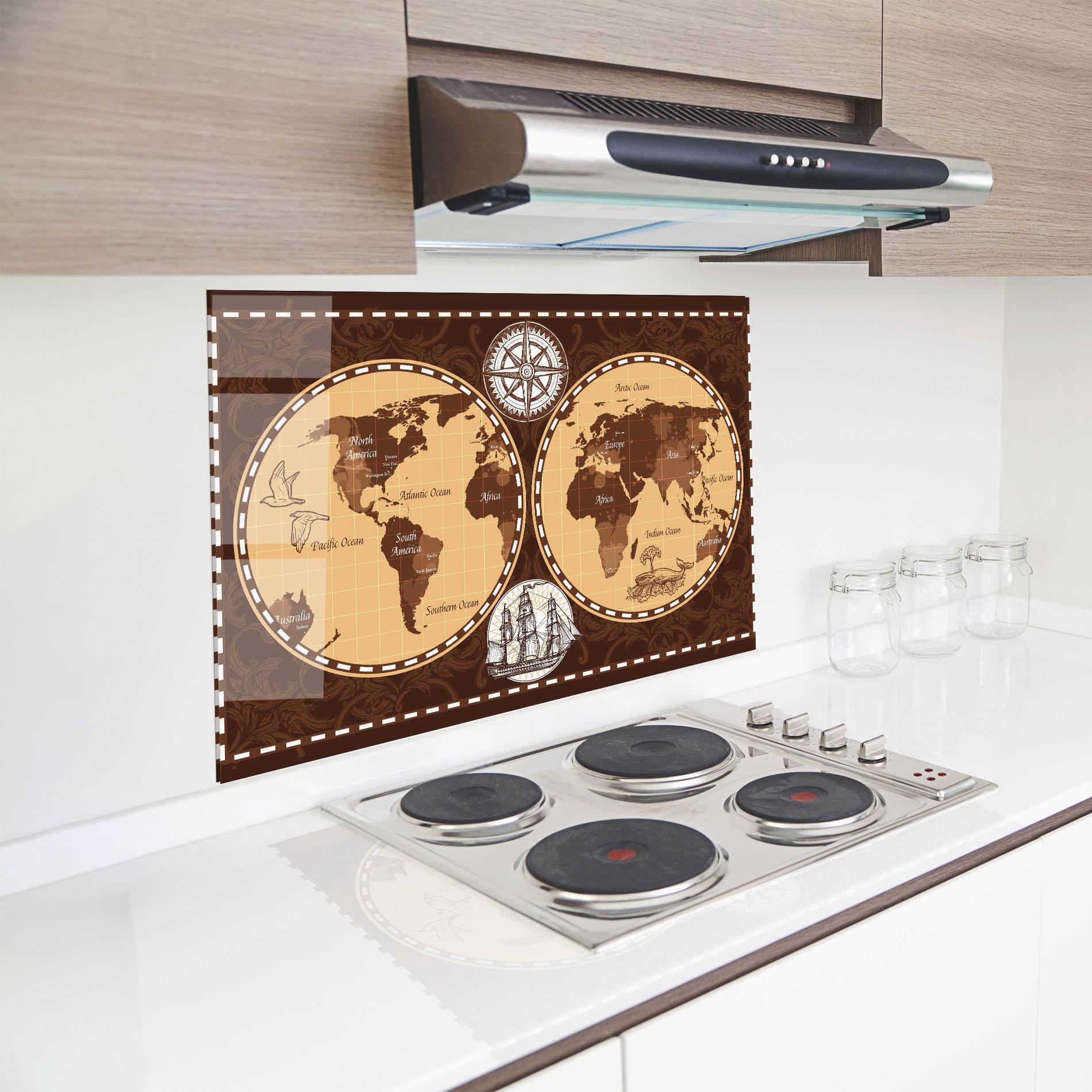 Küchenrückwand Glas Old Brown Map mockup 8