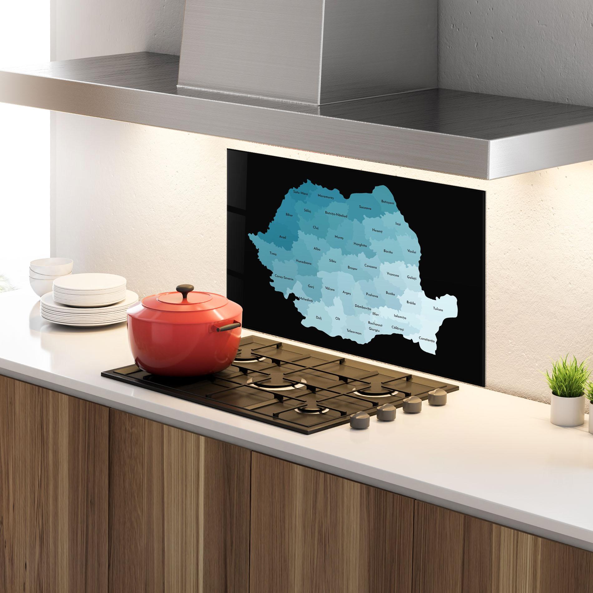 Küchenrückwand Glas Romania Blue Map mockup 4
