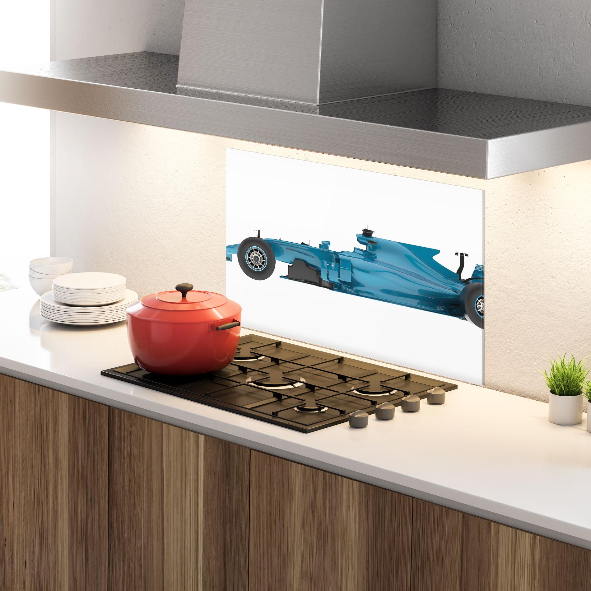 Küchenrückwand Glas Blue F1 Toy mockup 4