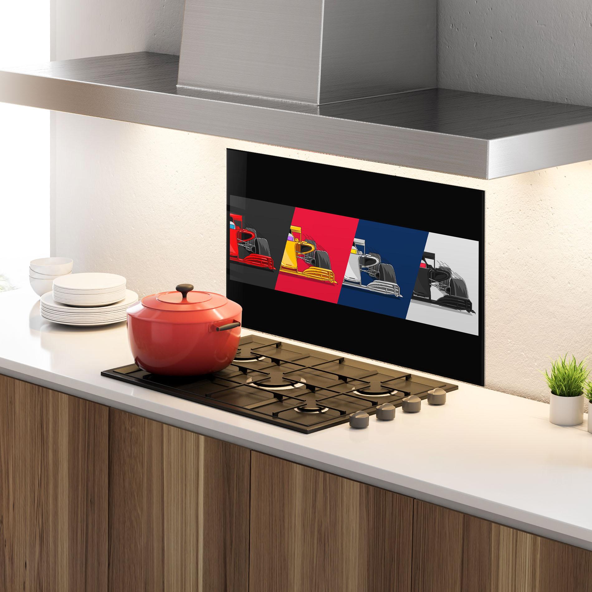 Küchenrückwand Glas F1 Cars mockup 4