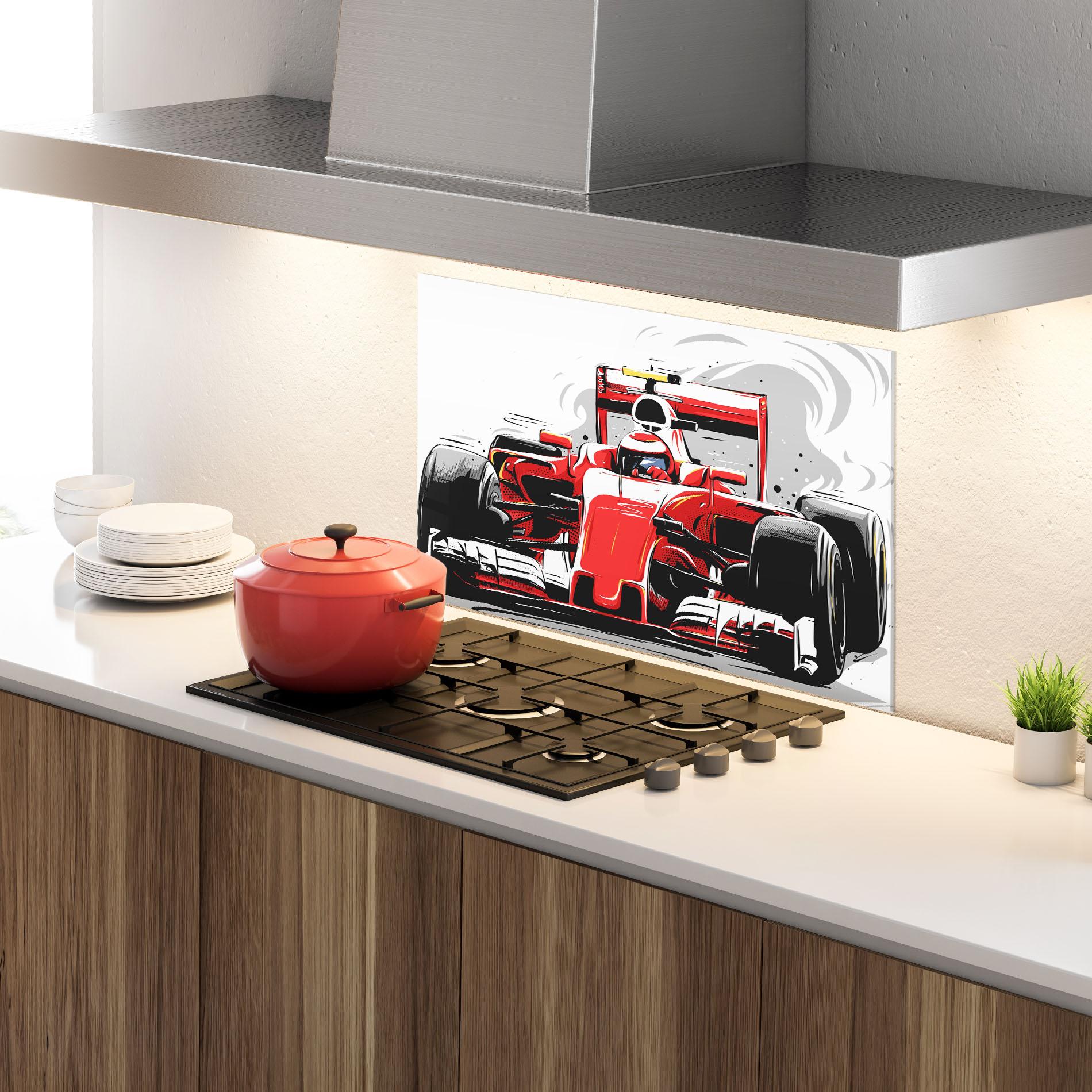 Küchenrückwand Glas Red F1 Car Art mockup 4