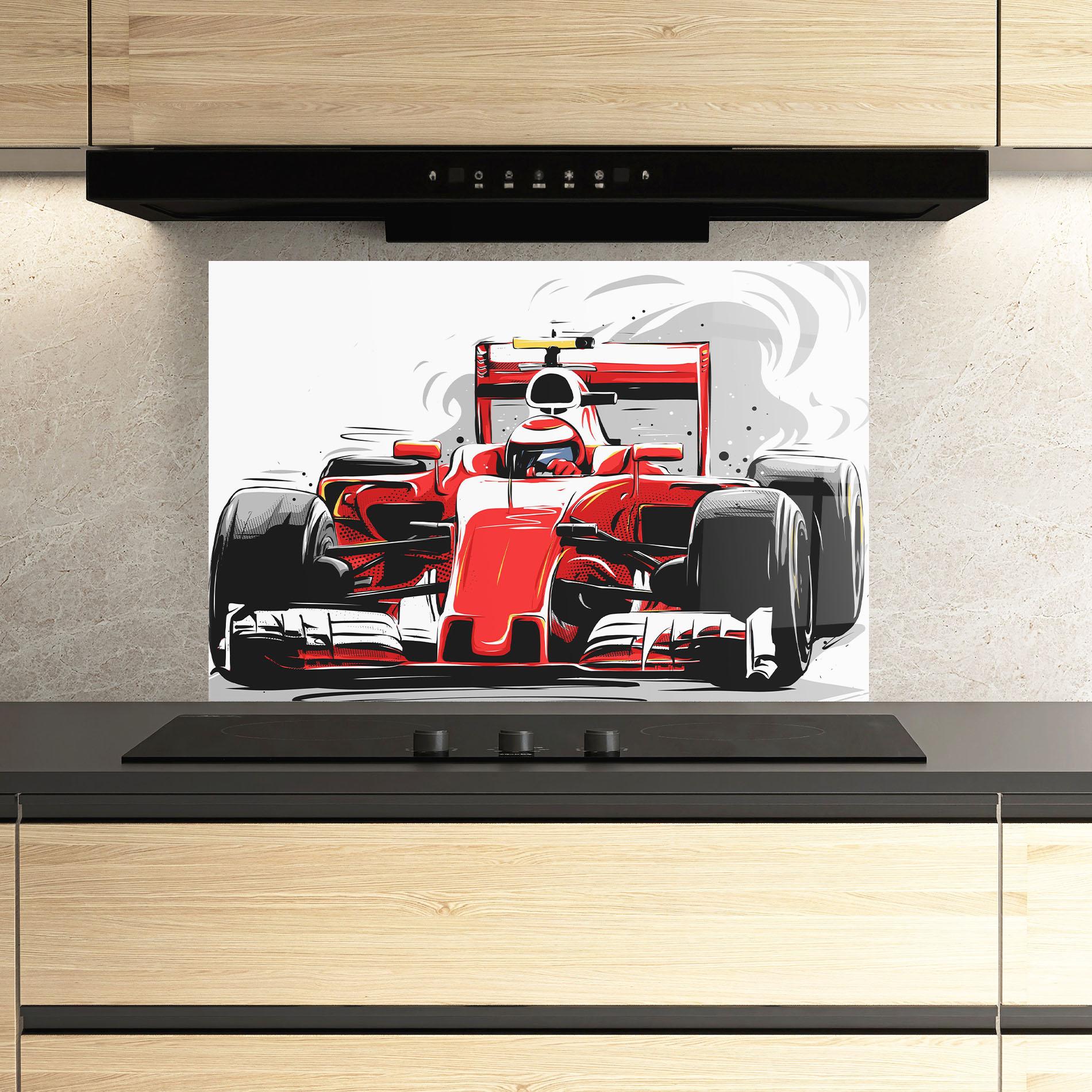 Küchenrückwand Glas Red F1 Car Art mockup 3