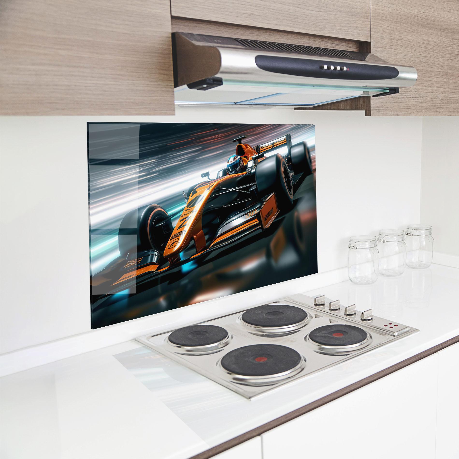 Küchenrückwand Glas Orange F1 Car mockup 8
