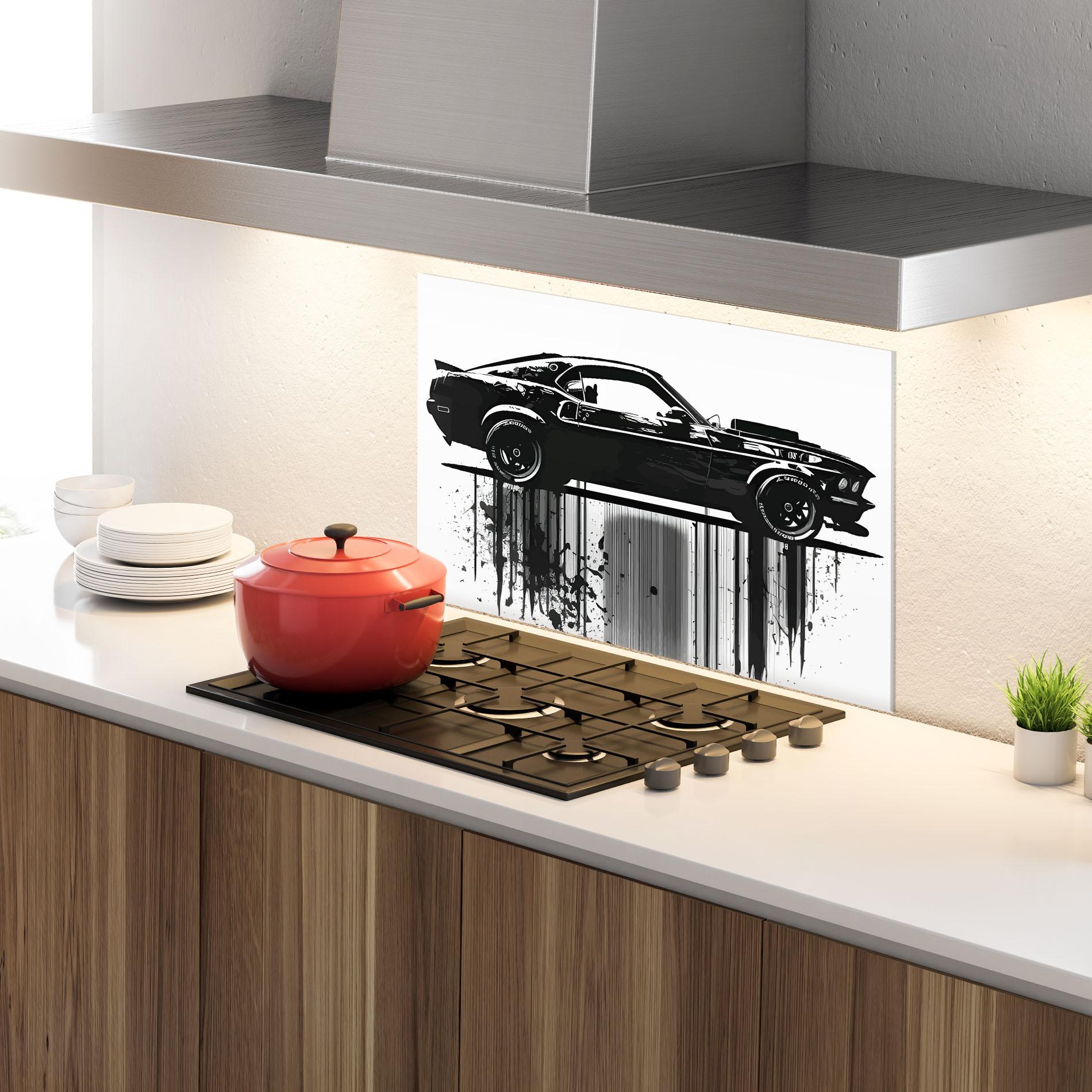 Küchenrückwand Glas Black Car Drowing mockup 4