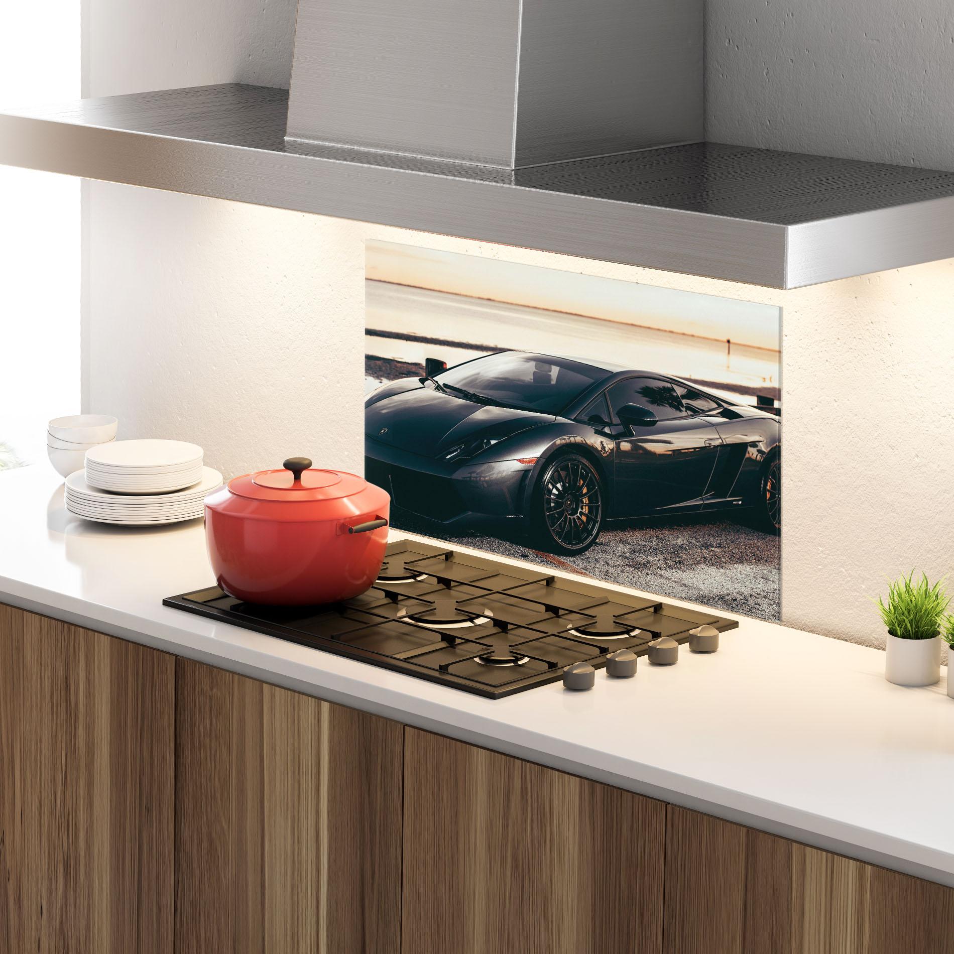 Küchenrückwand Glas Black Lambo Sea mockup 4