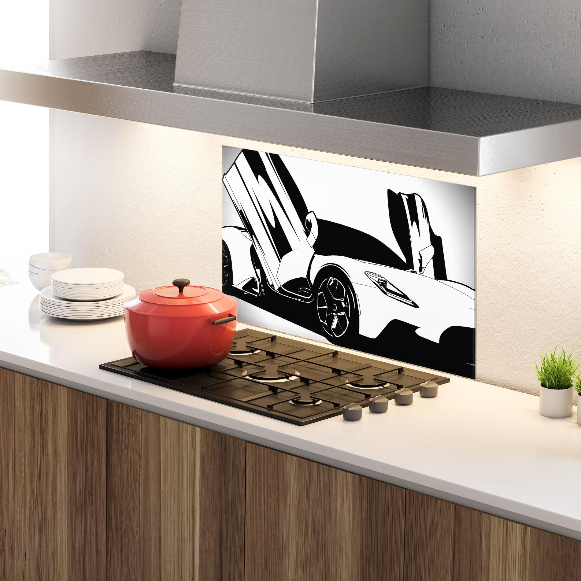 Küchenrückwand Glas Black White Car mockup 4