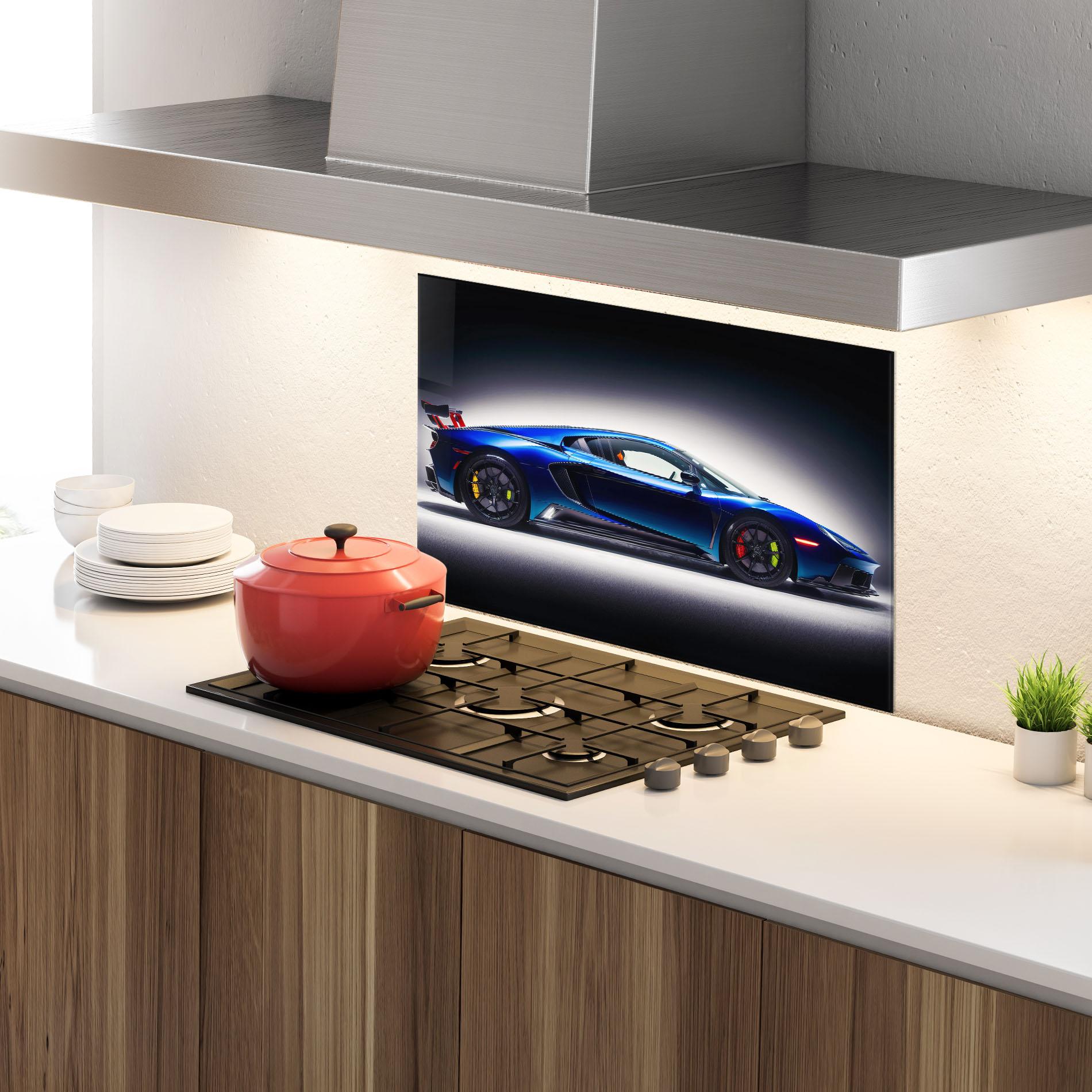 Küchenrückwand Glas Blue Hypercar Side mockup 4