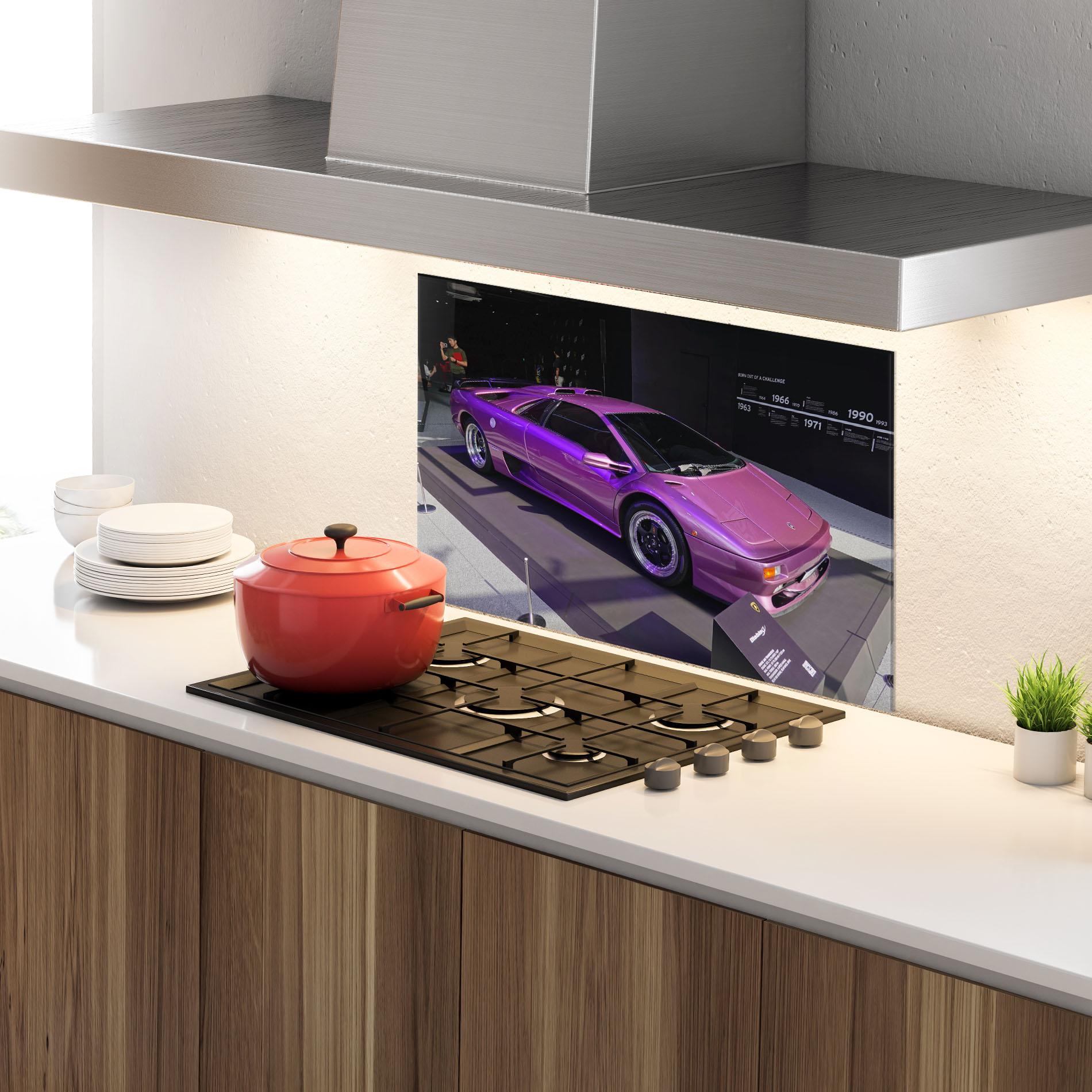 Küchenrückwand Glas Purple Lambo mockup 4