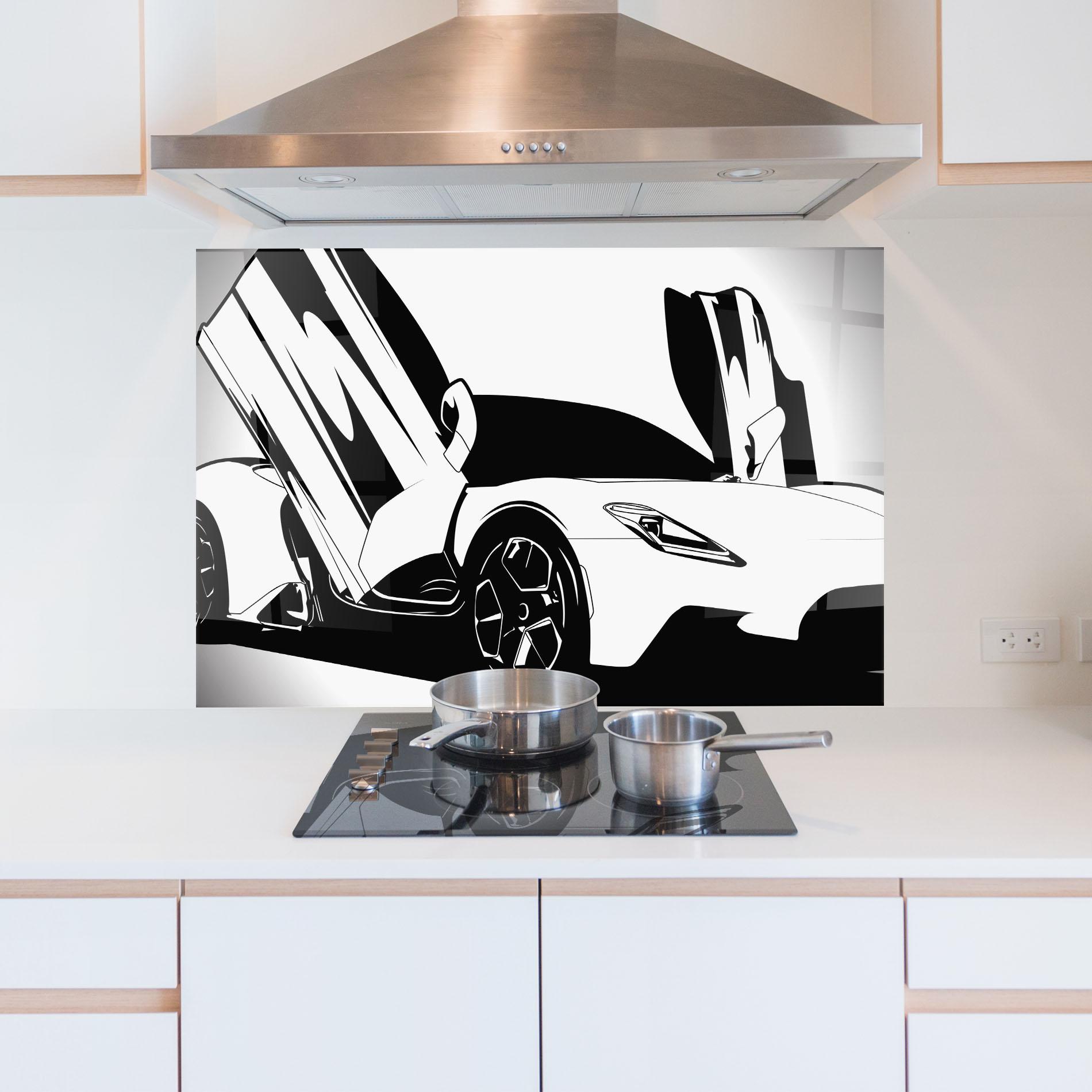 Küchenrückwand Glas Black White Car mockup 5