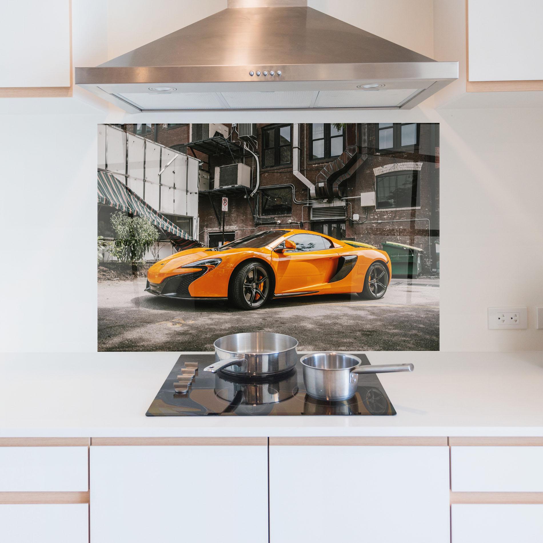 Küchenrückwand Glas Orange Mclaren Photo mockup 5