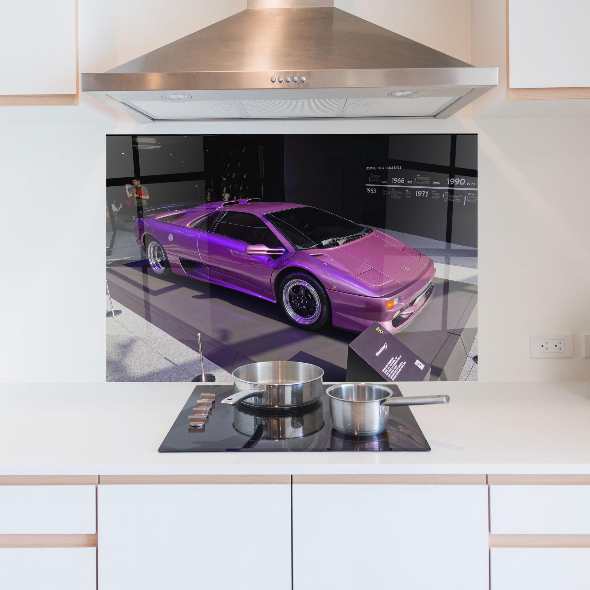 Küchenrückwand Glas Purple Lambo mockup 5
