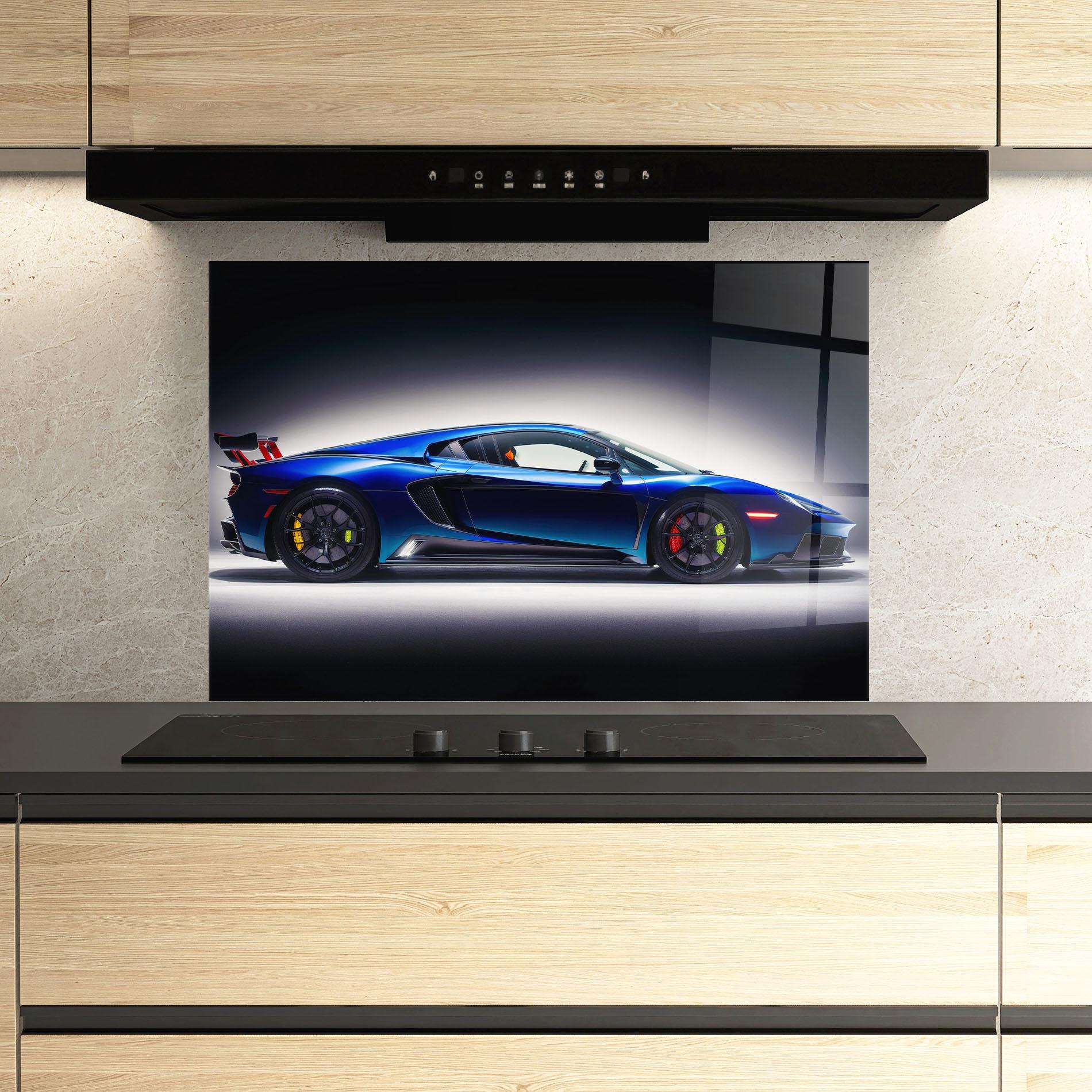 Küchenrückwand Glas Blue Hypercar Side mockup 3