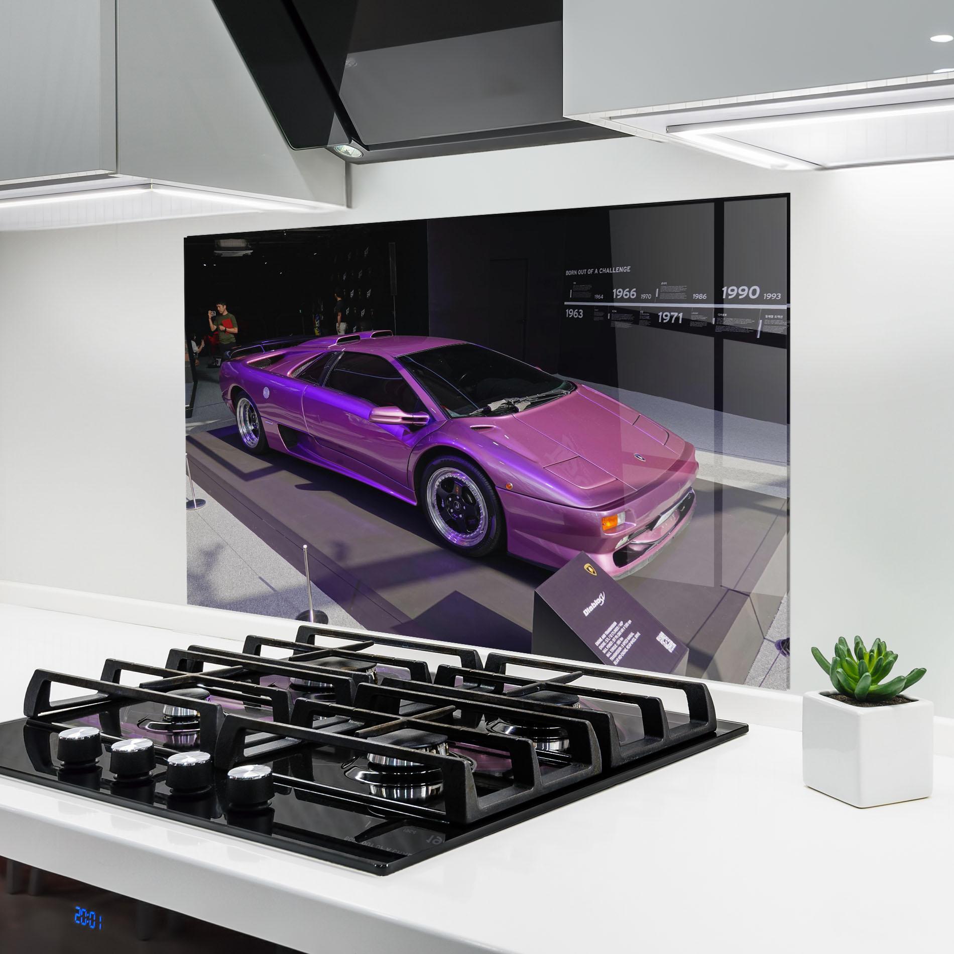 Küchenrückwand Glas Purple Lambo mockup 6
