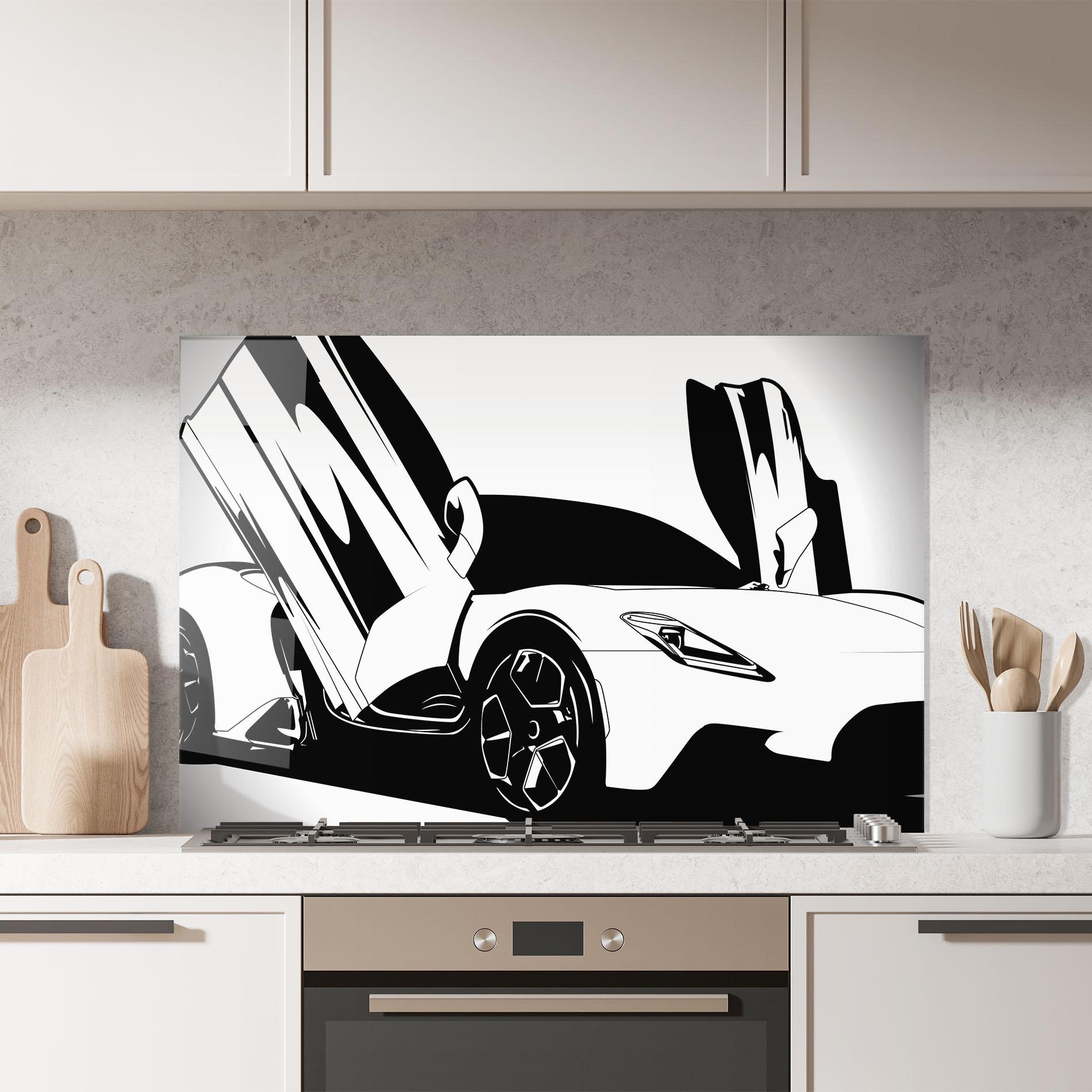 Küchenrückwand Glas Black White Car mockup 7