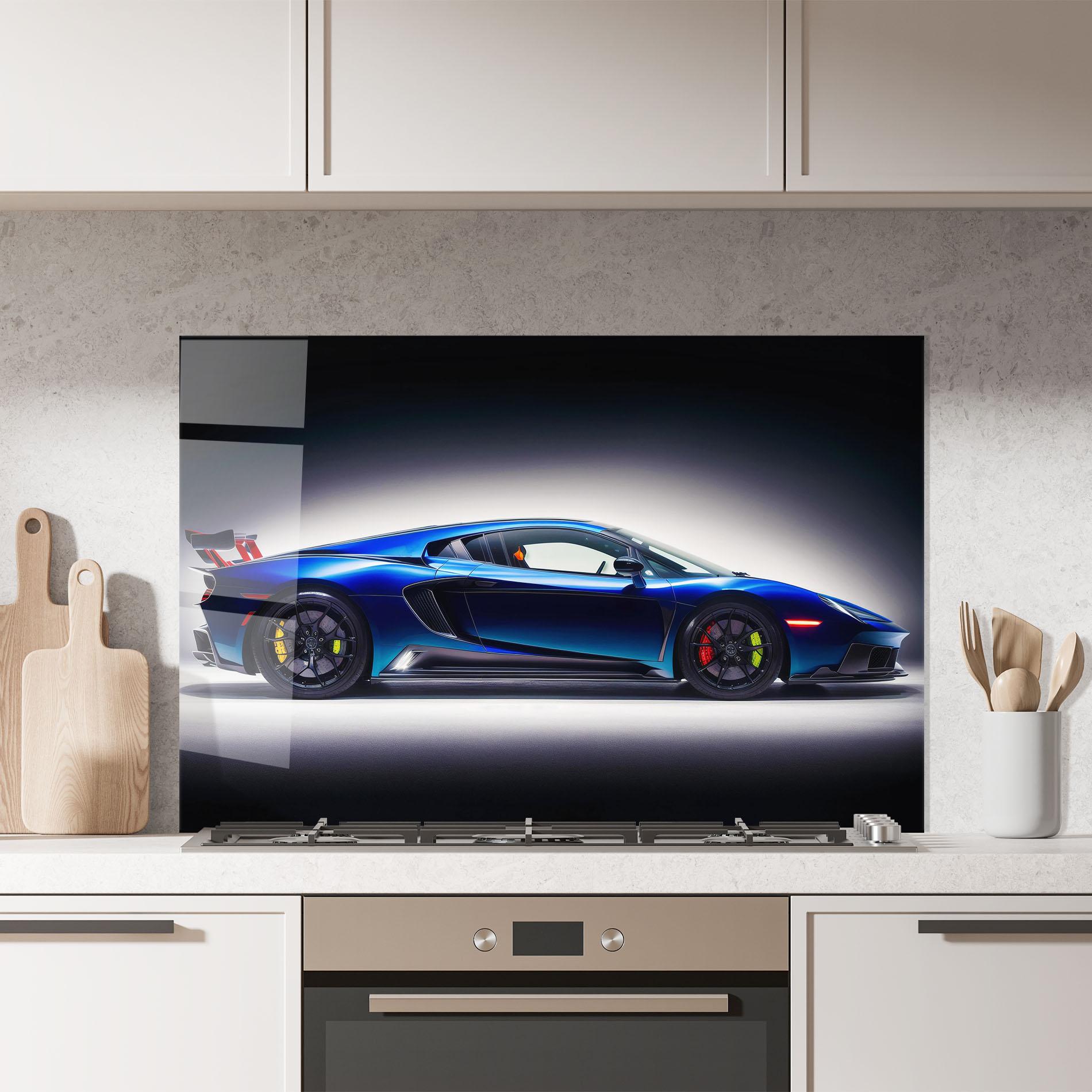 Küchenrückwand Glas Blue Hypercar Side mockup 7