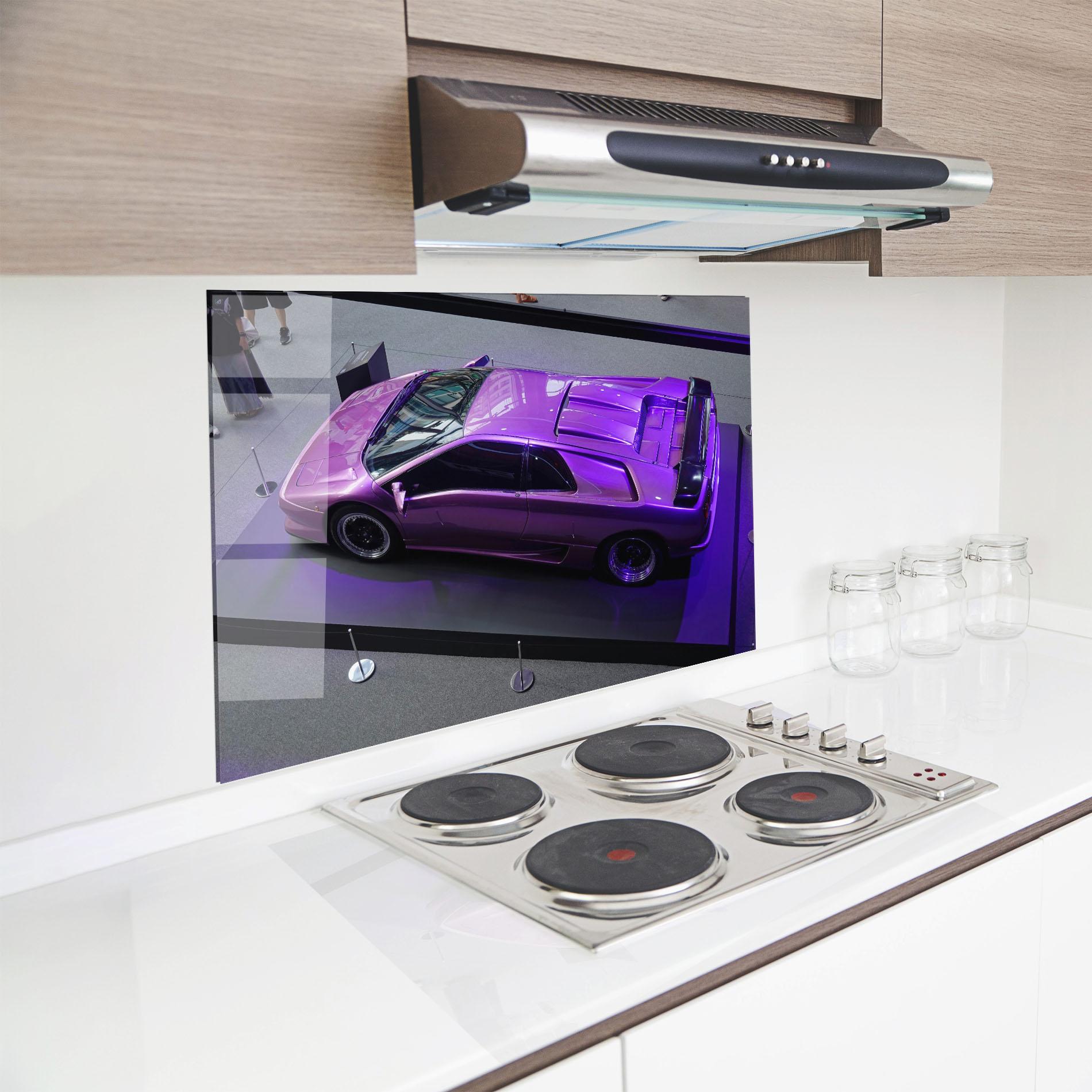 Küchenrückwand Glas Purple Old Lambo mockup 8